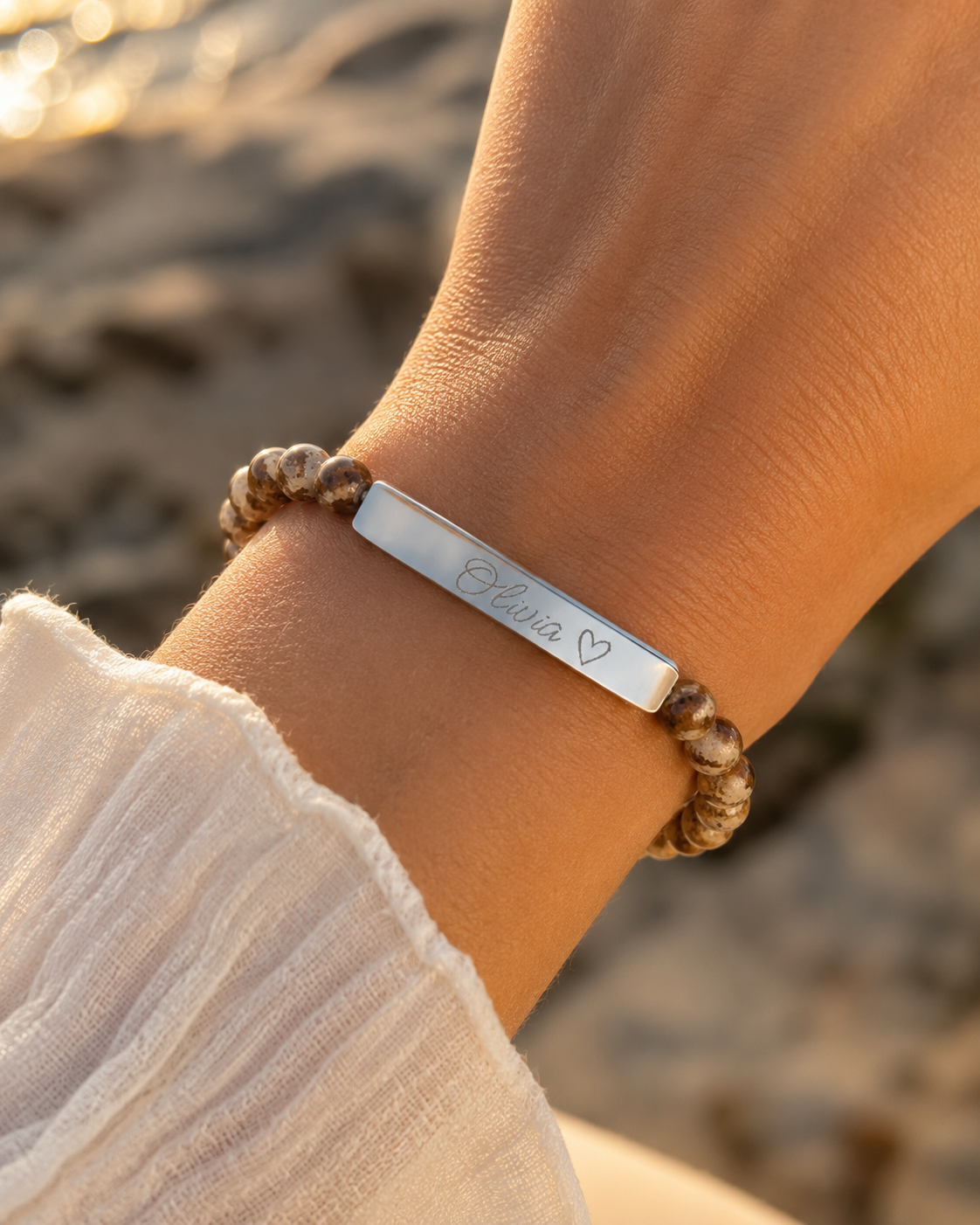 Engravable Natural Stone Stretch Bar Bracelet – Personalized Name & Heart Accent