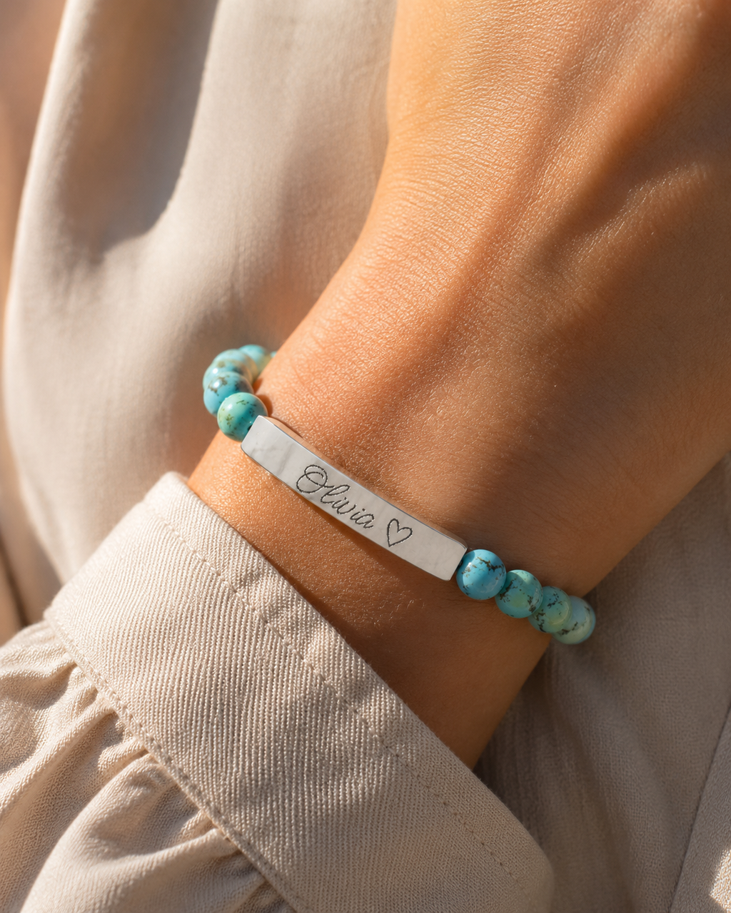 Engravable Natural Stone Stretch Bar Bracelet – Personalized Name & Heart Accent