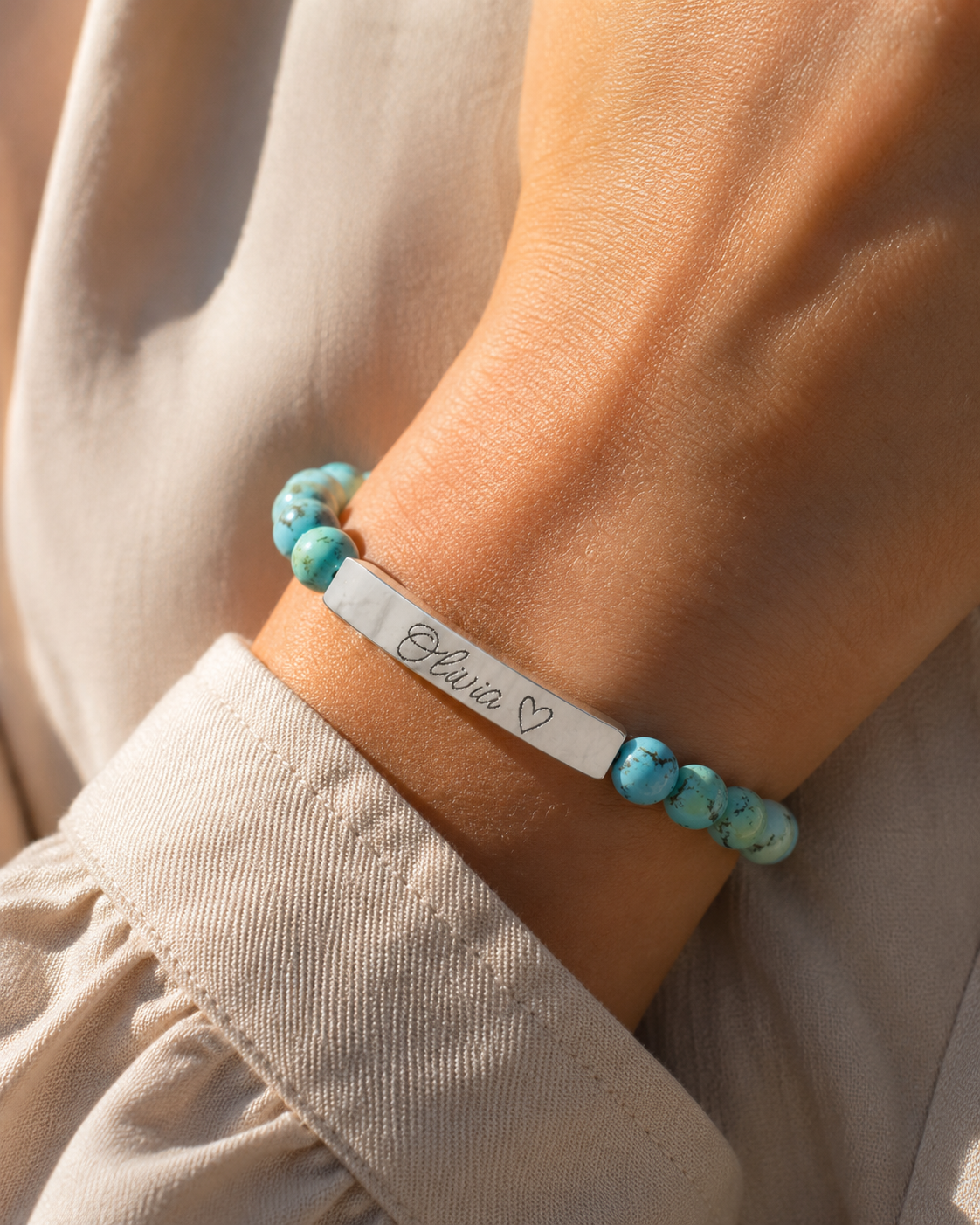Engravable Natural Stone Stretch Bar Bracelet – Personalized Name & Heart Accent