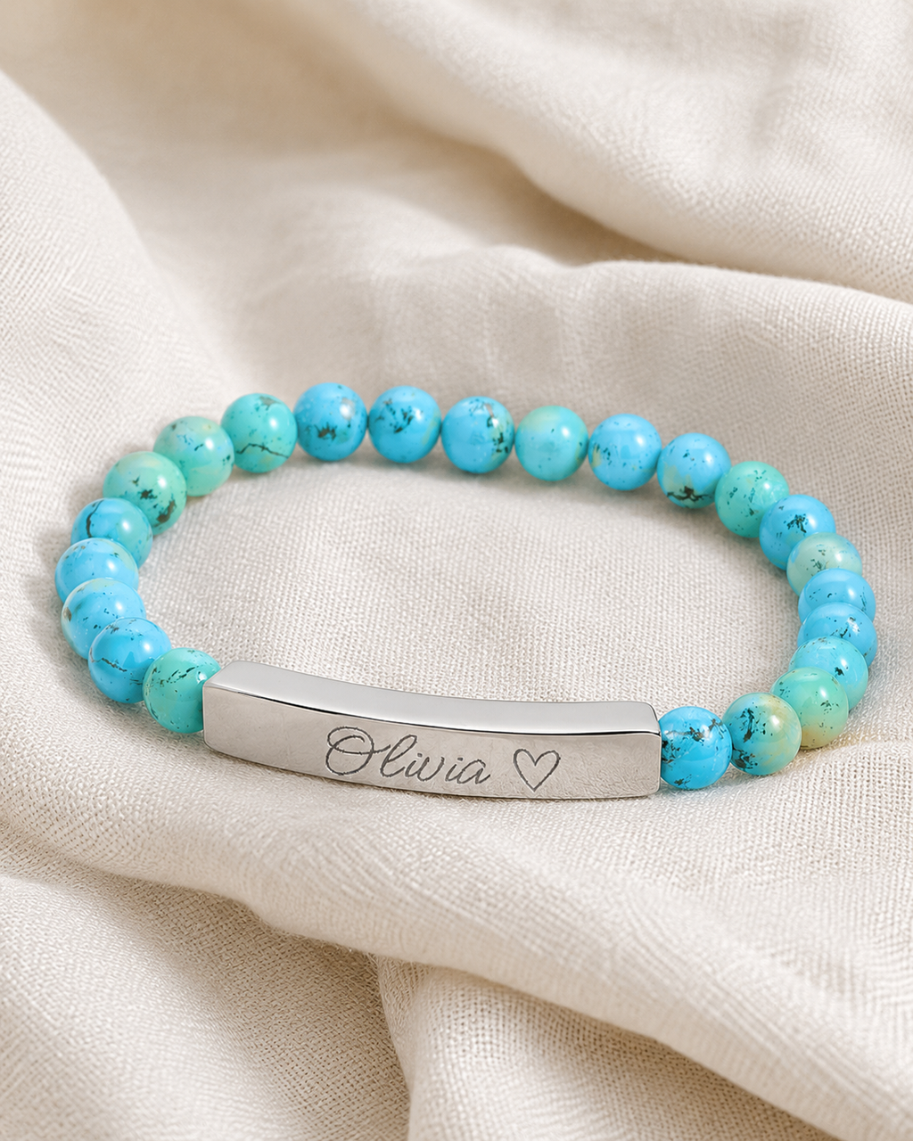 Engravable Natural Stone Stretch Bar Bracelet – Personalized Name & Heart Accent