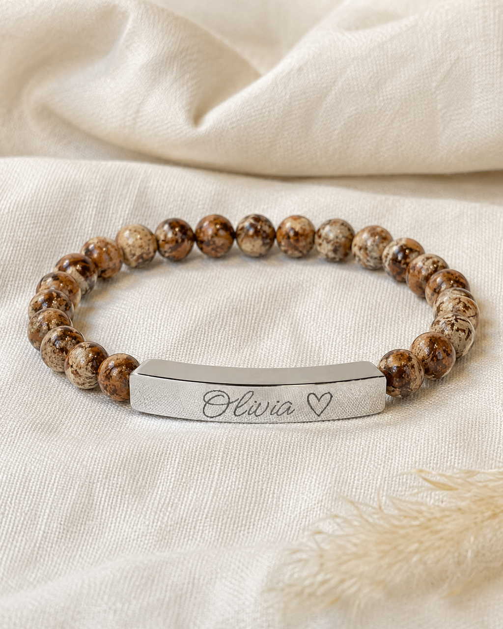 Engravable Natural Stone Stretch Bar Bracelet – Personalized Name & Heart Accent