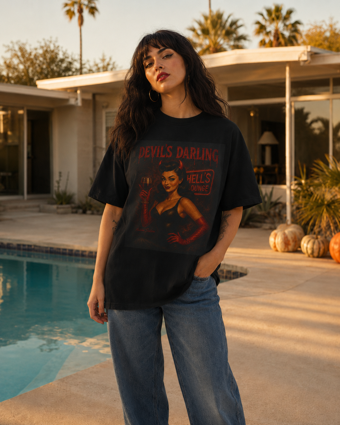 Devil’s Darling – Retro Pin-Up Devil Long Boxy T-Shirt