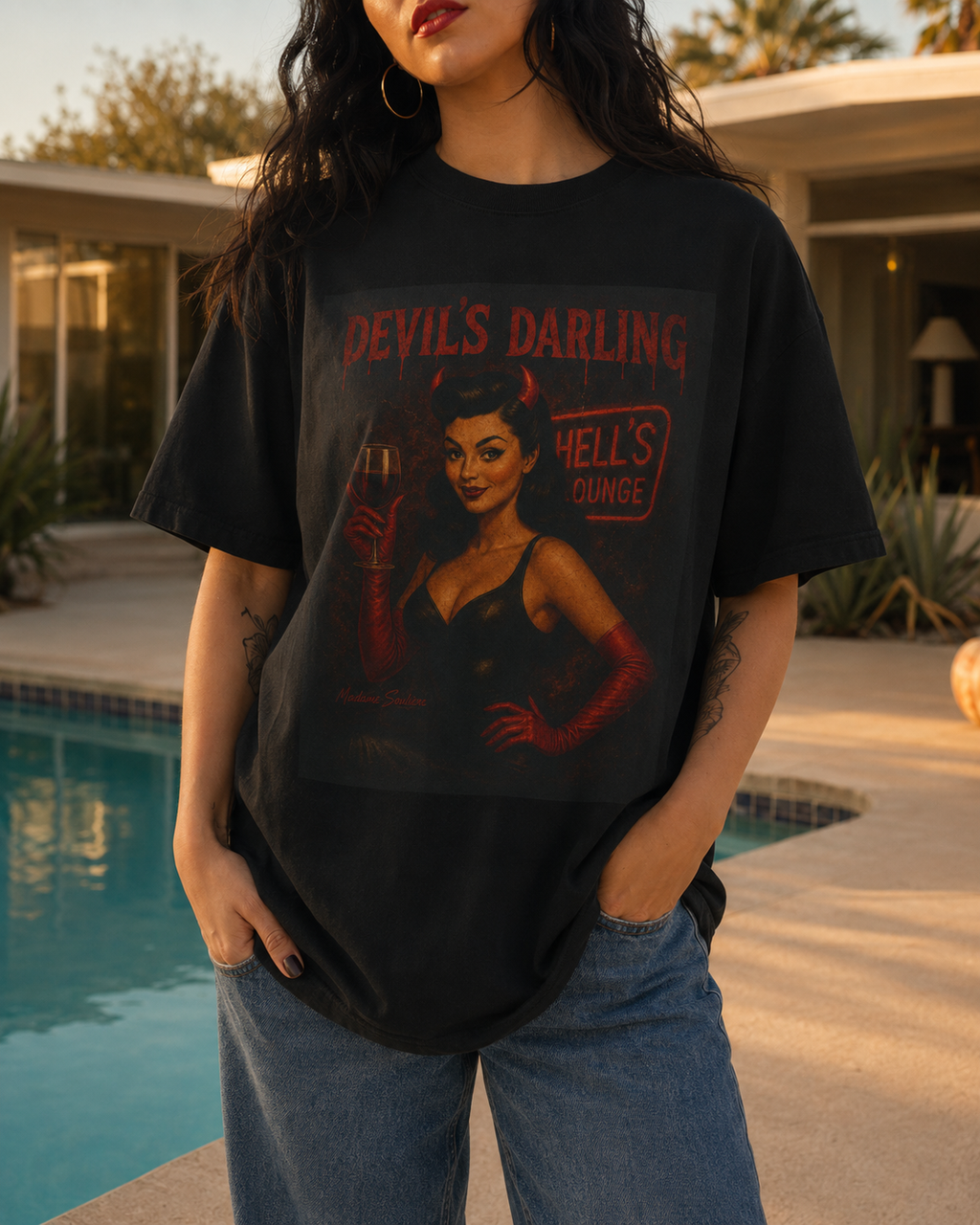 Devil’s Darling – Retro Pin-Up Devil Long Boxy T-Shirt