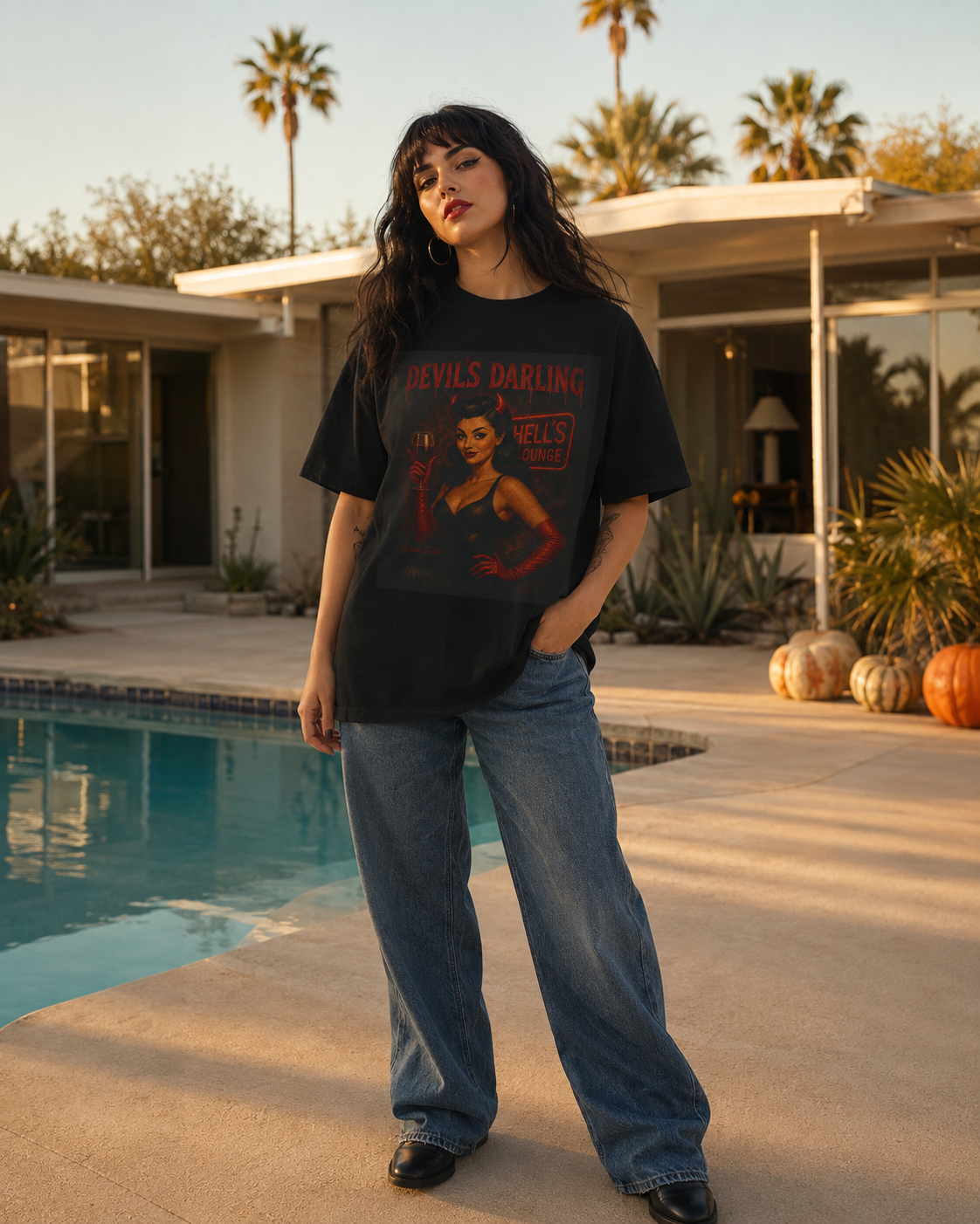 Devil’s Darling – Retro Pin-Up Devil Long Boxy T-Shirt