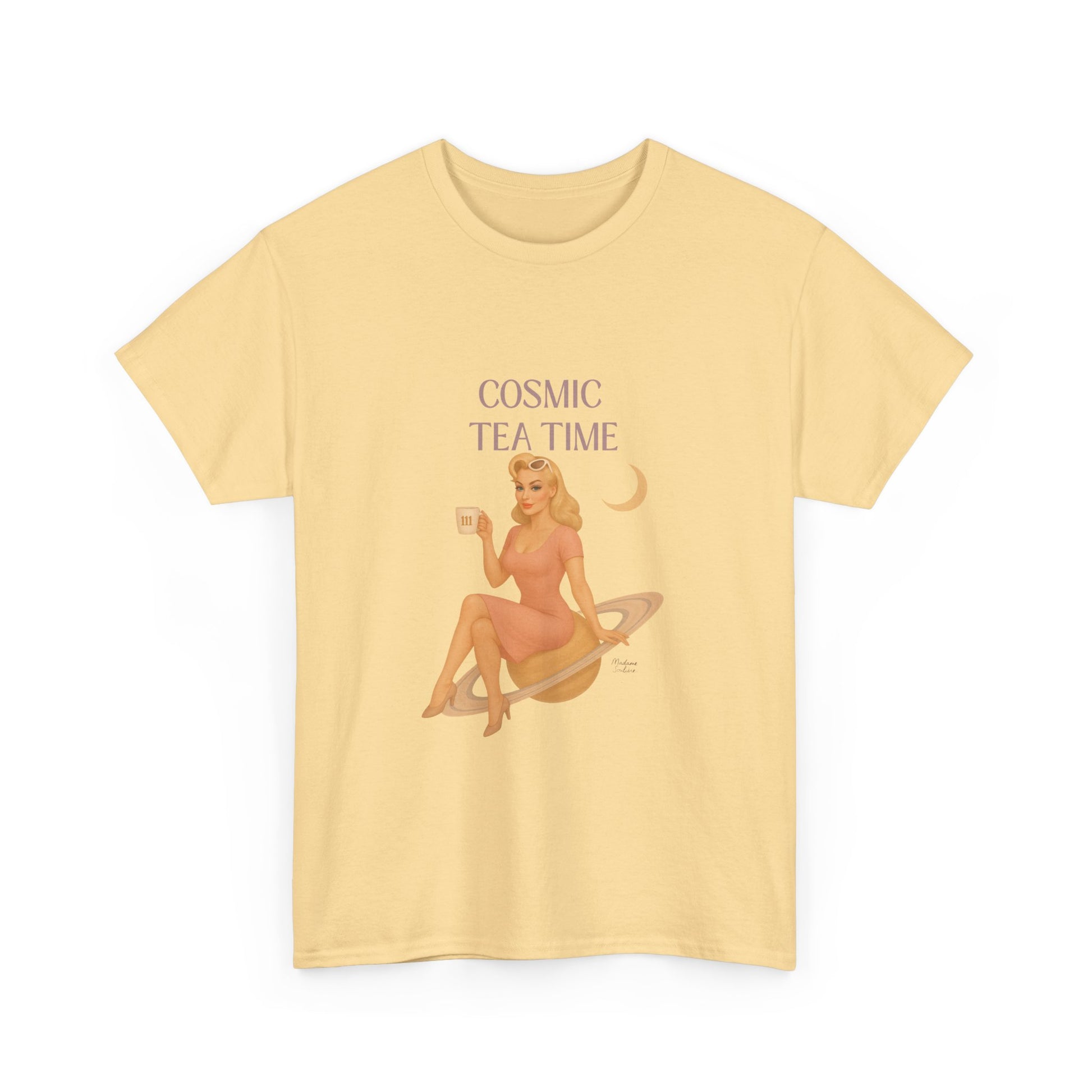 Cosmic Tea Time 111 Unisex T-Shirt – Retro Vintage Graphic Tee, Angel Number Shirt, Spiritual Pin Up Top, Unisex Cosmic Vibes Tee - Madame Soulière