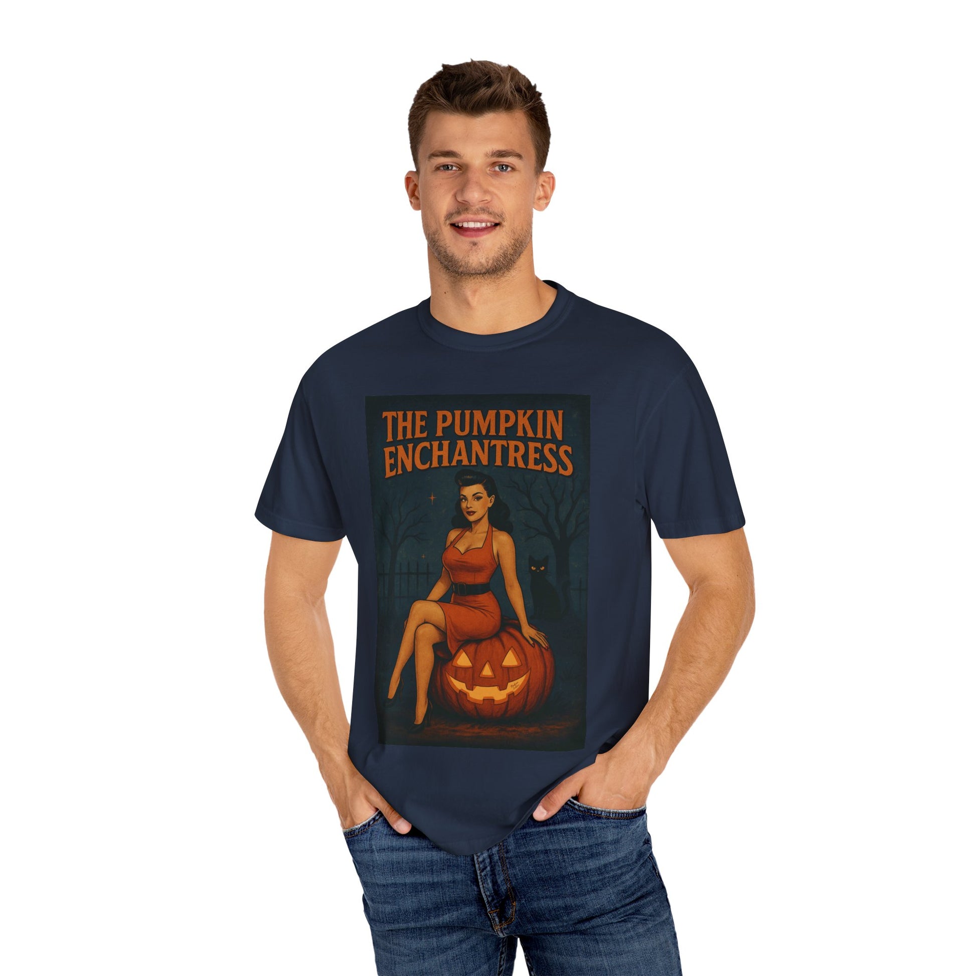 The Pumpkin Enchantress Halloween Unisex T-Shirt – Retro Witch Graphic Tee, Vintage Pumpkin Horror Top, Spooky Unisex Scary Season Shirt - Madame Soulière