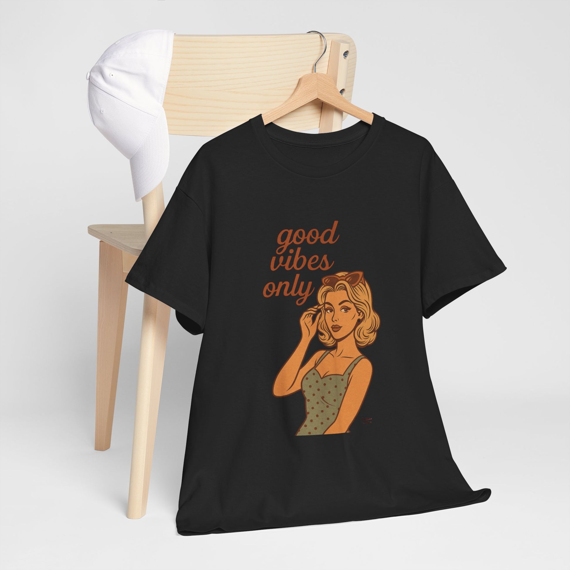 Retro Graphic Unisex T-Shirt – Good Vibes Only Vintage Pin Up Tee, 50s Inspired Feminine Empowerment Top, Spiritual Positive Energy Shirt - Madame Soulière