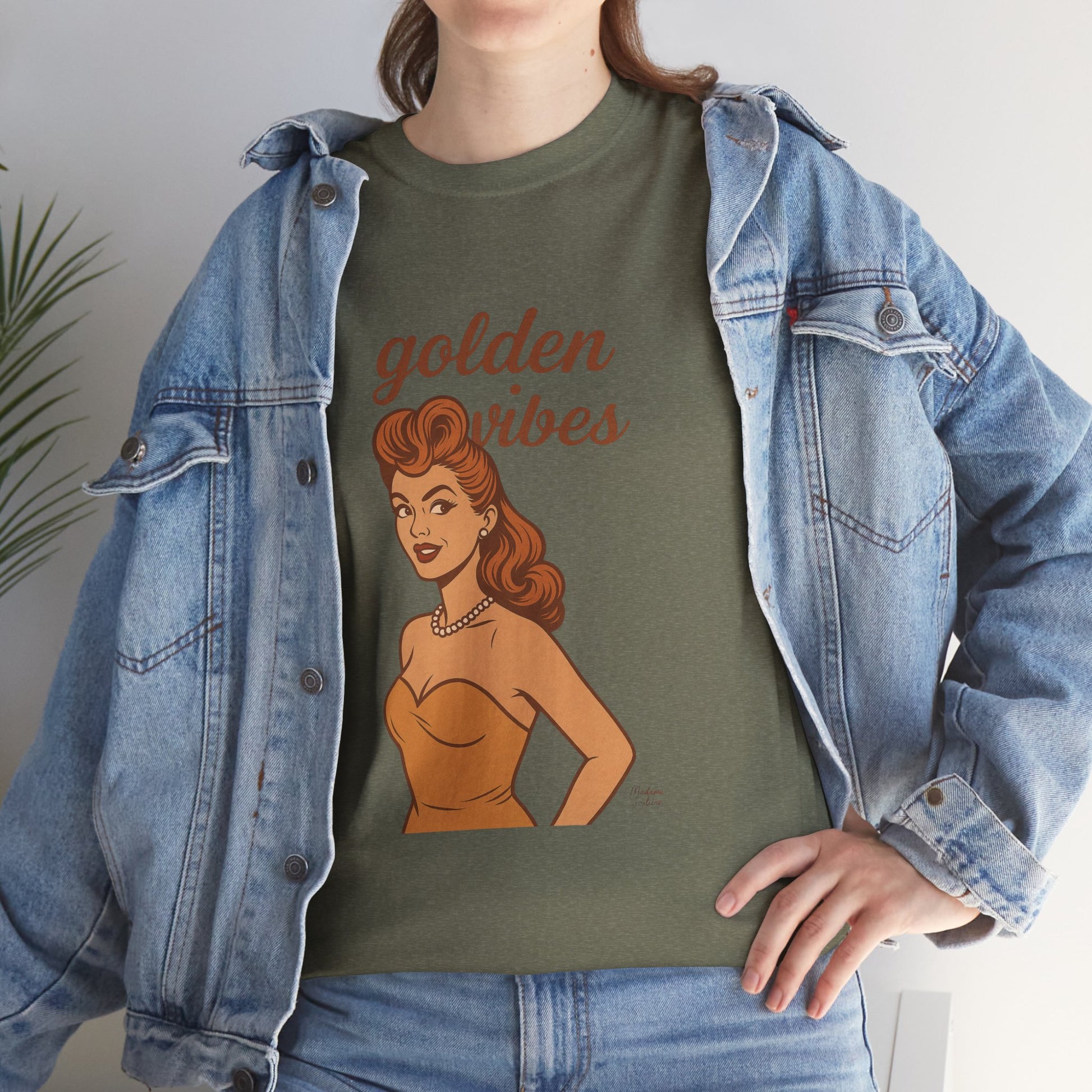 Golden Vibes – Retro Pin-Up Graphic Tee | Unisex Vintage Aesthetic T-Shirt - Madame Soulière