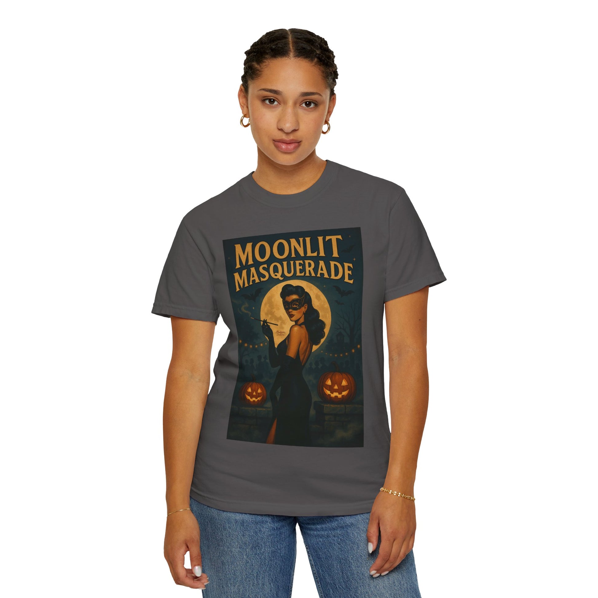 Moonlit Masquerade Halloween Unisex T-Shirt – Retro Vintage Masquerade Ball Graphic Tee, Spooky Horror Top - Madame Soulière