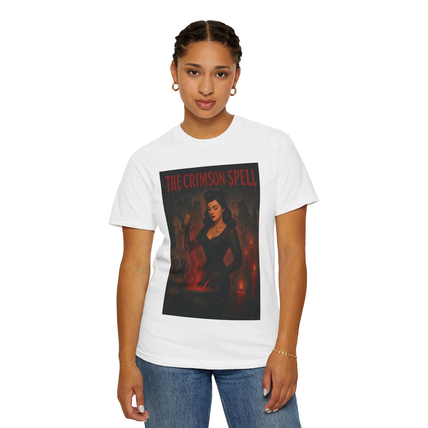 The Crimson Spell Halloween Unisex T-Shirt – Retro Witch Graphic Tee, Vintage Horror Spooky Top,  Scary Season Shirt - Madame Soulière