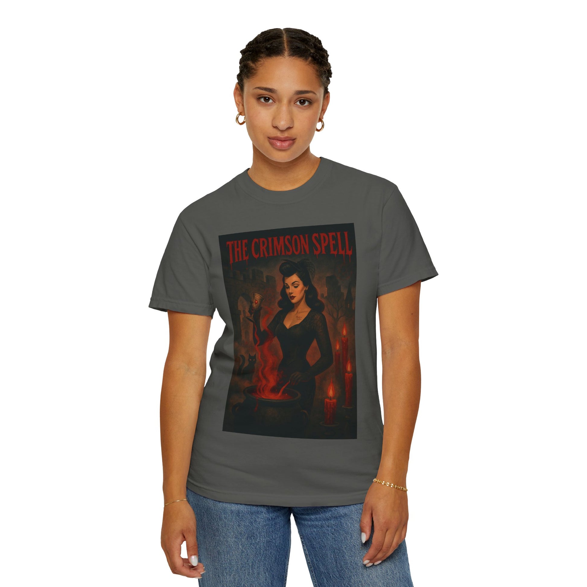 The Crimson Spell Halloween Unisex T-Shirt – Retro Witch Graphic Tee, Vintage Horror Spooky Top,  Scary Season Shirt - Madame Soulière