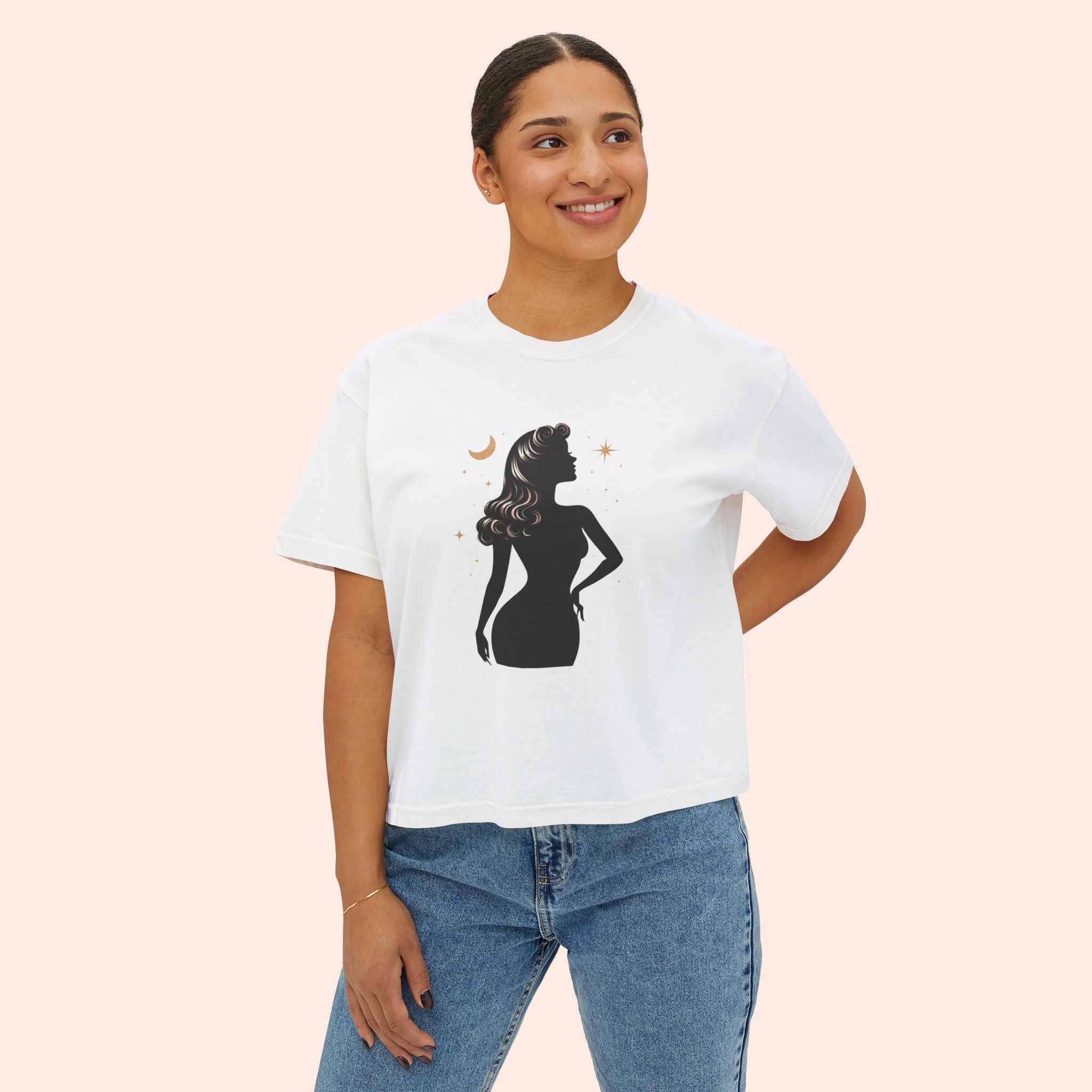 Divine Feminine Silhouette – Retro Celestial Graphic Boxy T-Shirt