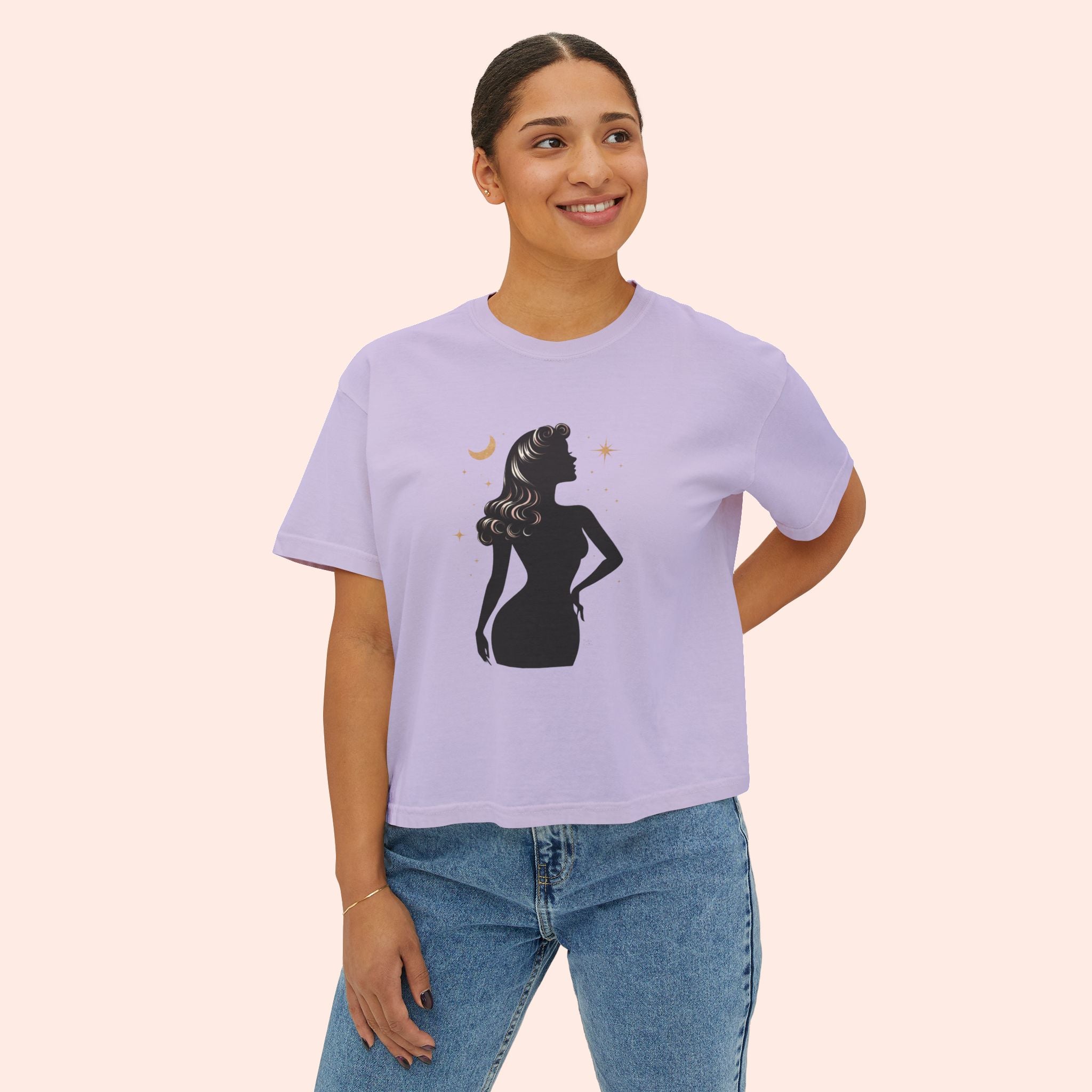 Divine Feminine Silhouette – Retro Celestial Graphic Boxy T-Shirt
