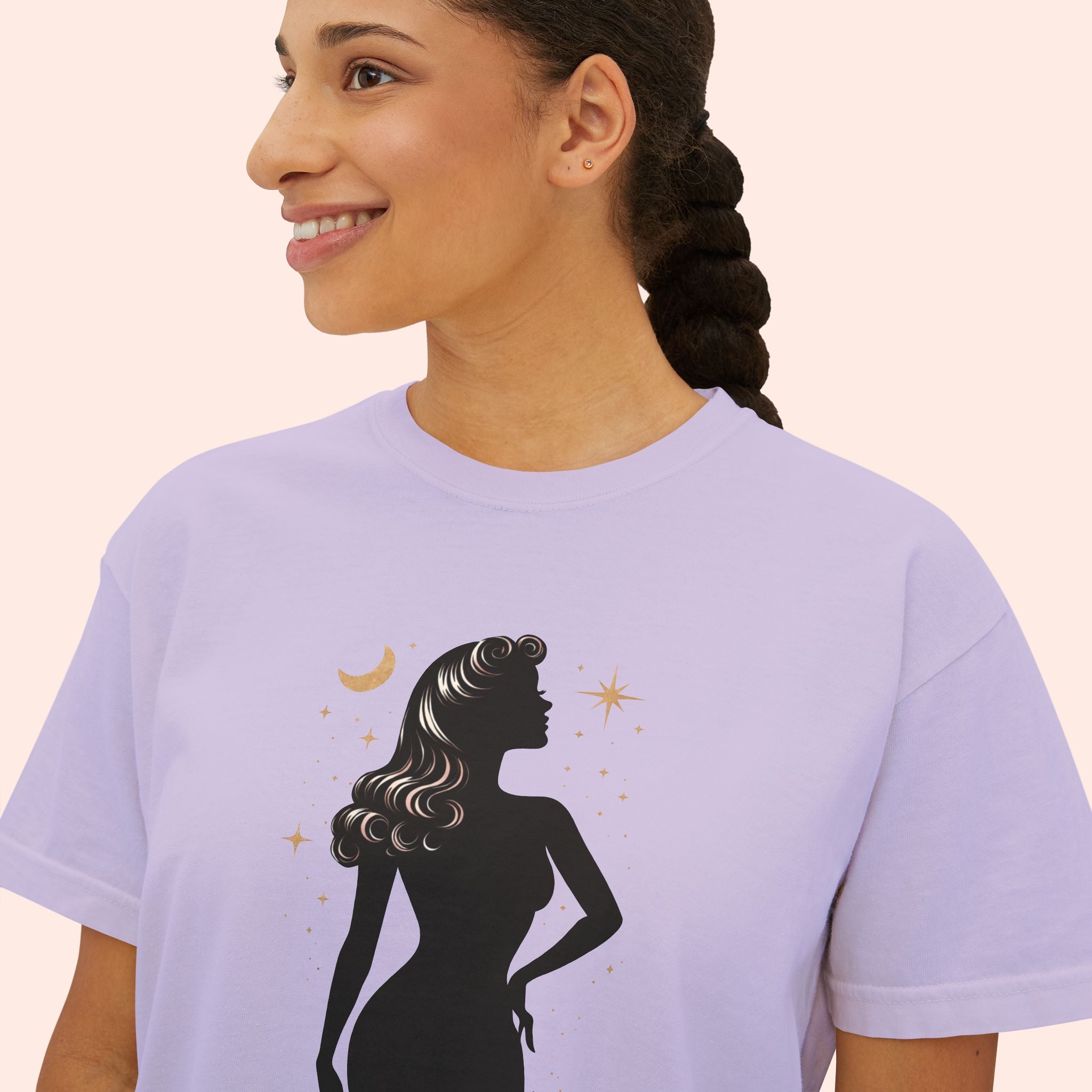 Divine Feminine Silhouette – Retro Celestial Graphic Boxy T-Shirt