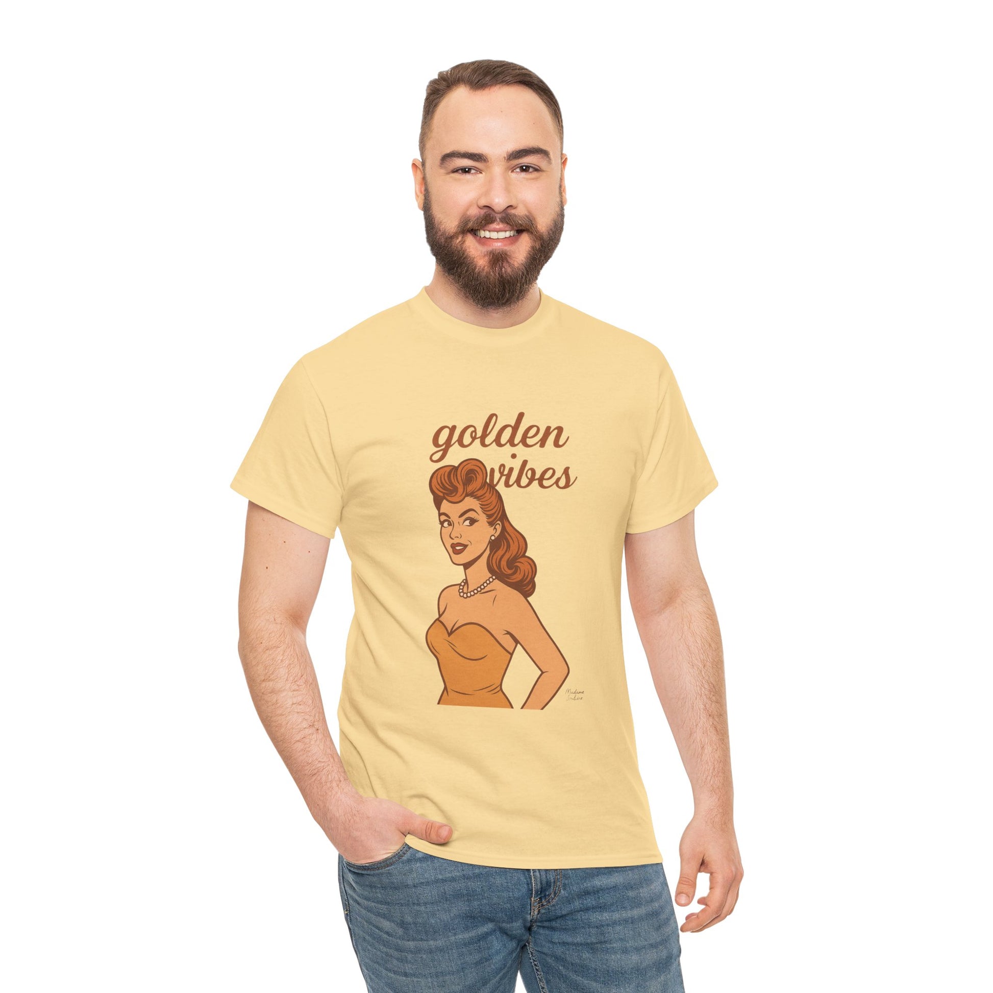 Golden Vibes – Retro Pin-Up Graphic Tee | Unisex Vintage Aesthetic T-Shirt - Madame Soulière
