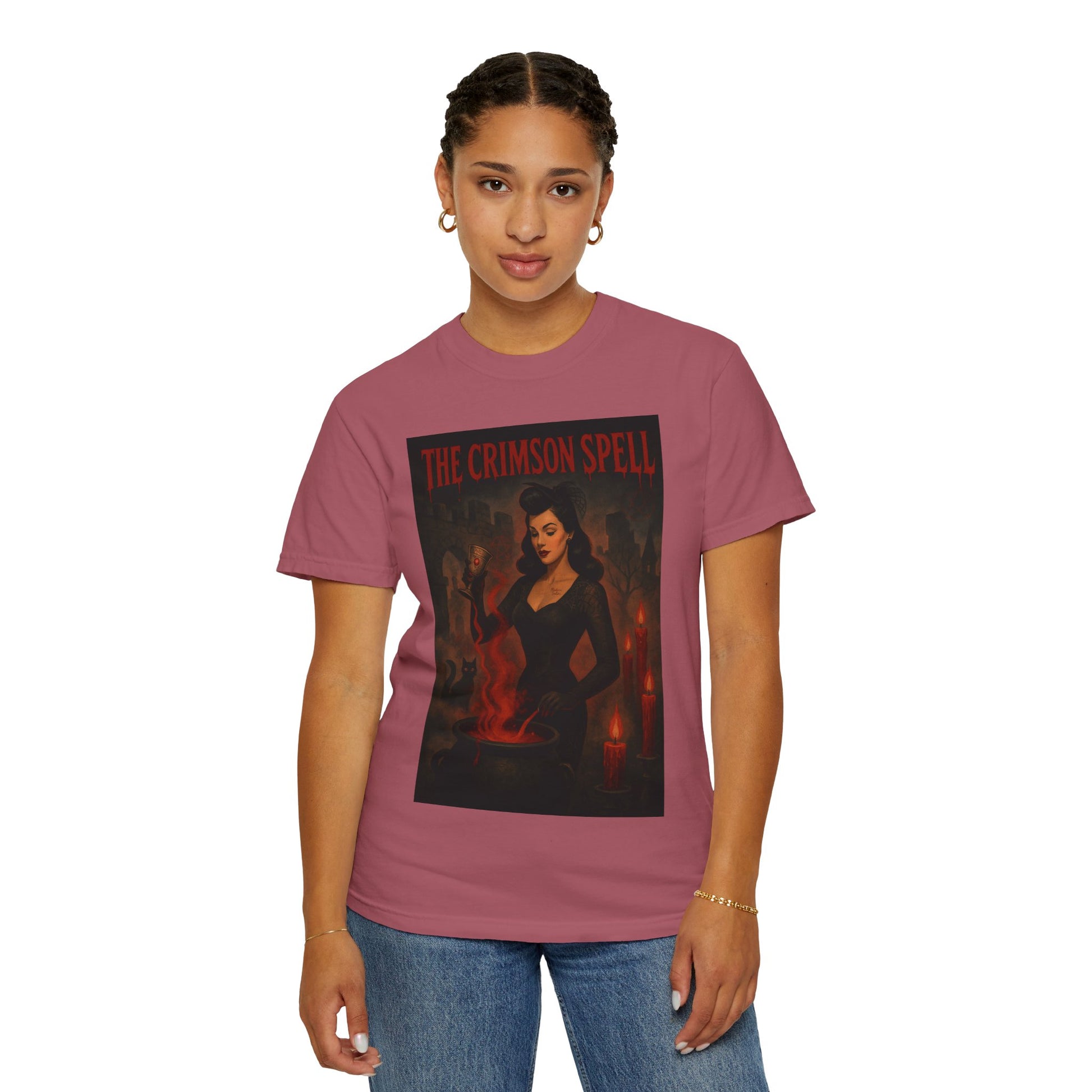 The Crimson Spell Halloween Unisex T-Shirt – Retro Witch Graphic Tee, Vintage Horror Spooky Top,  Scary Season Shirt - Madame Soulière