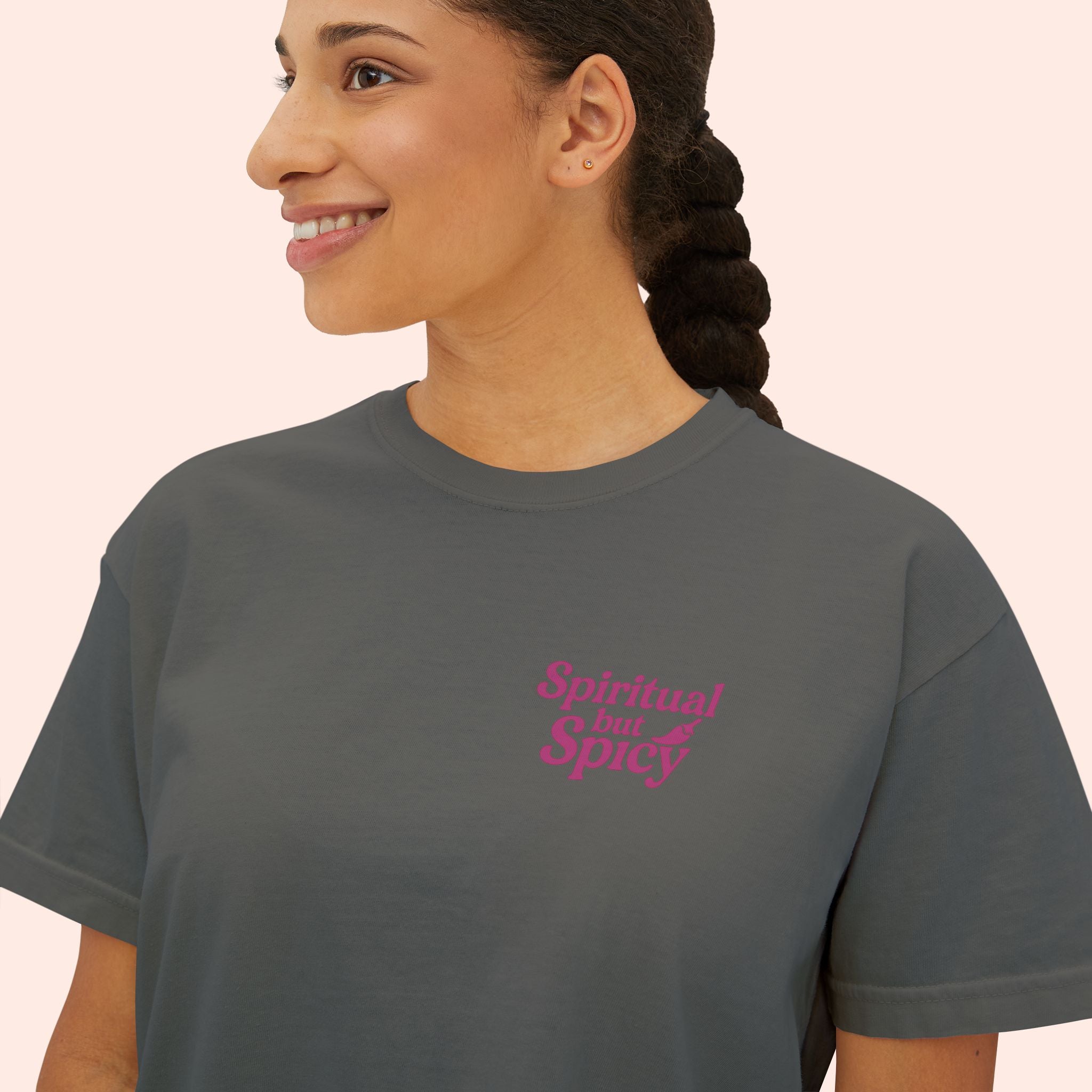 Spiritual but Spicy – Retro Mini Print Boxy T-Shirt