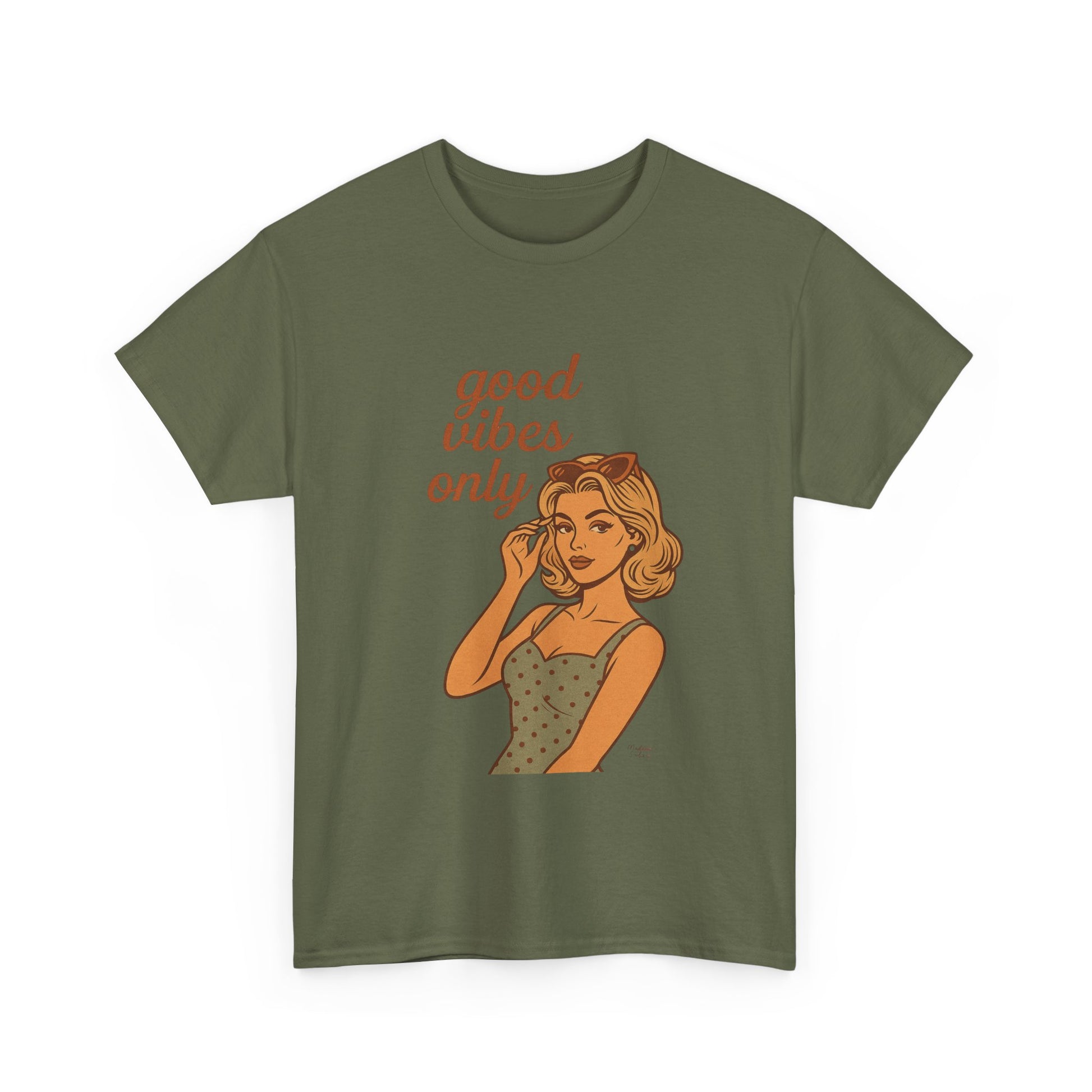 Retro Graphic Unisex T-Shirt – Good Vibes Only Vintage Pin Up Tee, 50s Inspired Feminine Empowerment Top, Spiritual Positive Energy Shirt - Madame Soulière