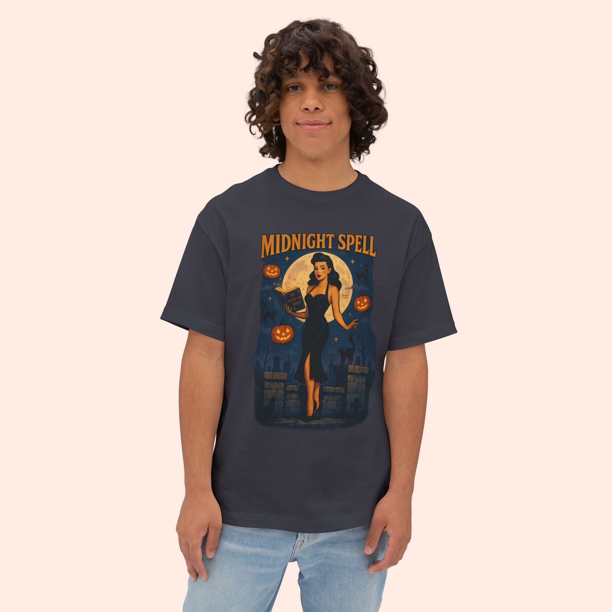 Midnight Spell – Retro Pin-Up Witch Halloween Long Boxy T-Shirt