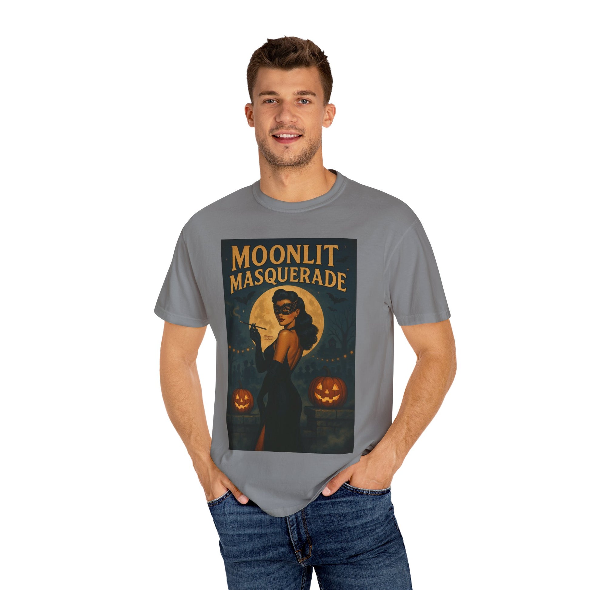 Moonlit Masquerade Halloween Unisex T-Shirt – Retro Vintage Masquerade Ball Graphic Tee, Spooky Horror Top - Madame Soulière