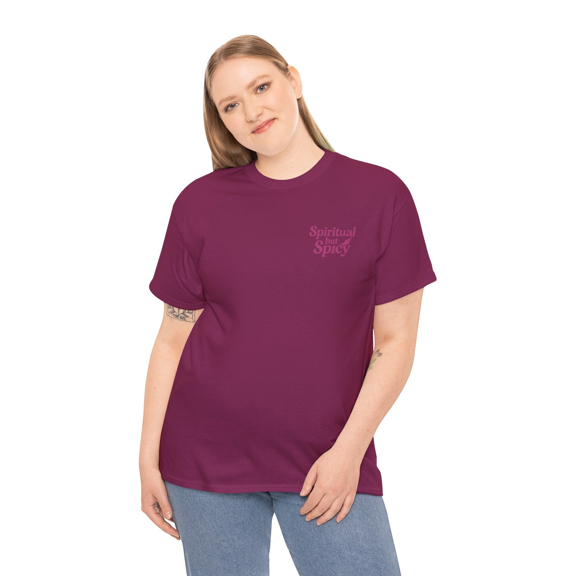 Spiritual but Spicy Unisex T-Shirt – Retro Mini Slogan Tee, Vintage Inspired Graphic Top, Feminine Statement Shirt - Madame Soulière