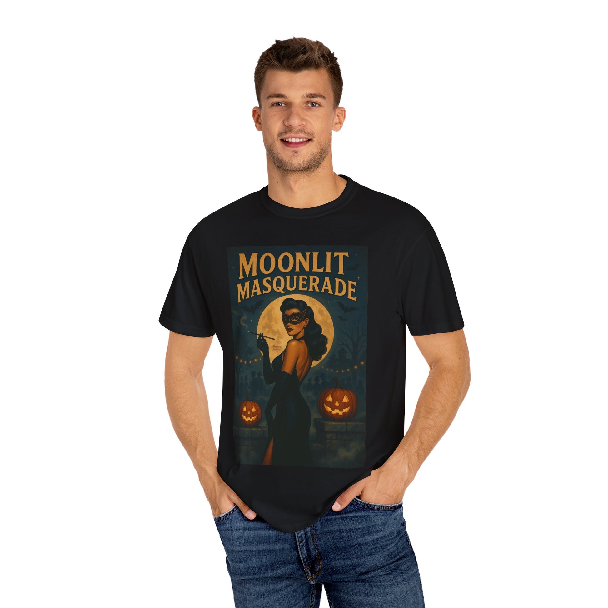 Moonlit Masquerade Halloween Unisex T-Shirt – Retro Vintage Masquerade Ball Graphic Tee, Spooky Horror Top - Madame Soulière