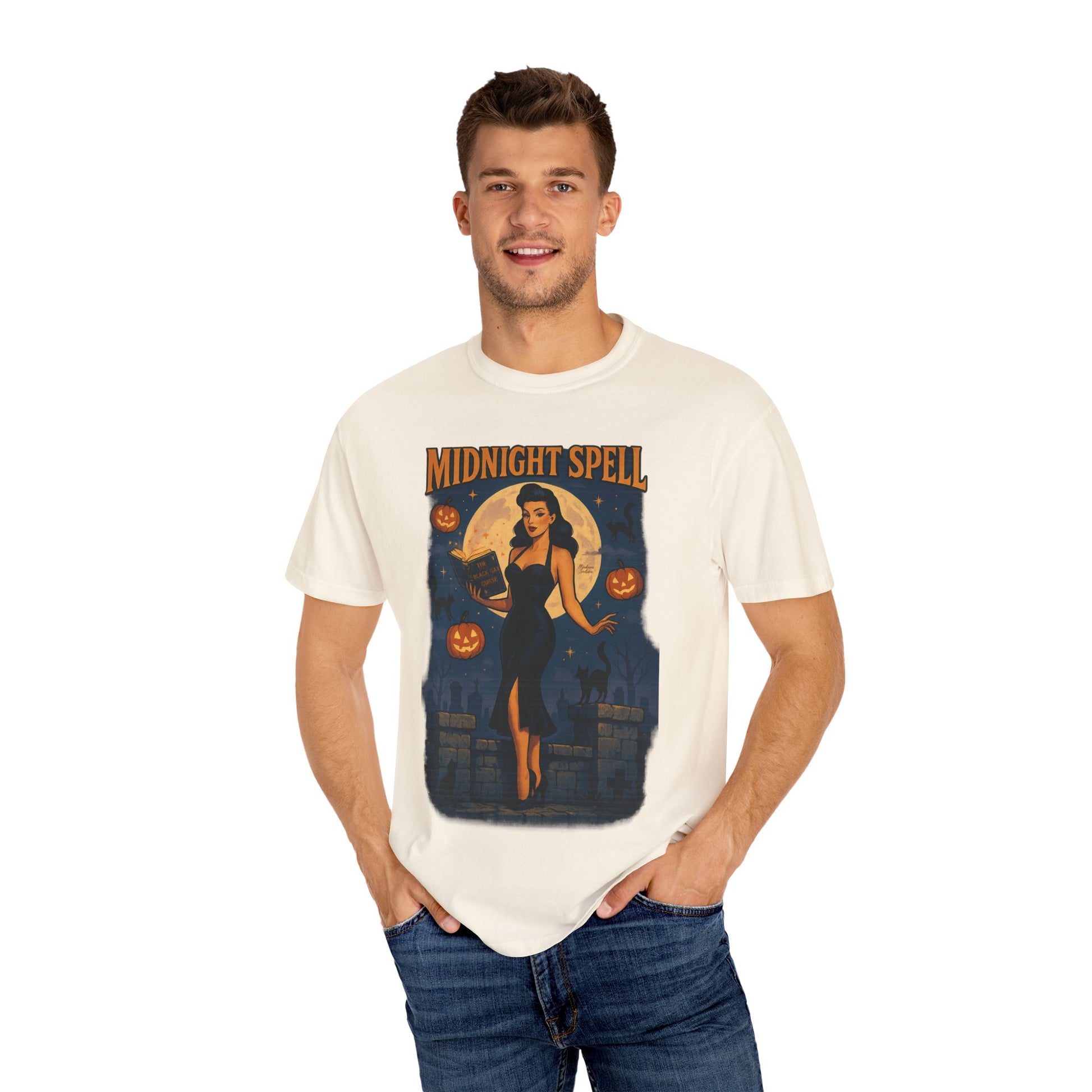 Midnight Spell Halloween Unisex T-Shirt – Retro Witch Graphic Tee, Vintage Spooky Horror Top, Scary Season Shirt - Madame Soulière