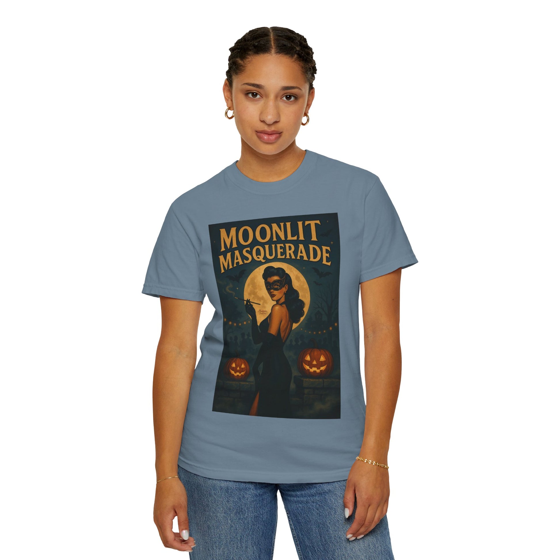 Moonlit Masquerade Halloween Unisex T-Shirt – Retro Vintage Masquerade Ball Graphic Tee, Spooky Horror Top - Madame Soulière