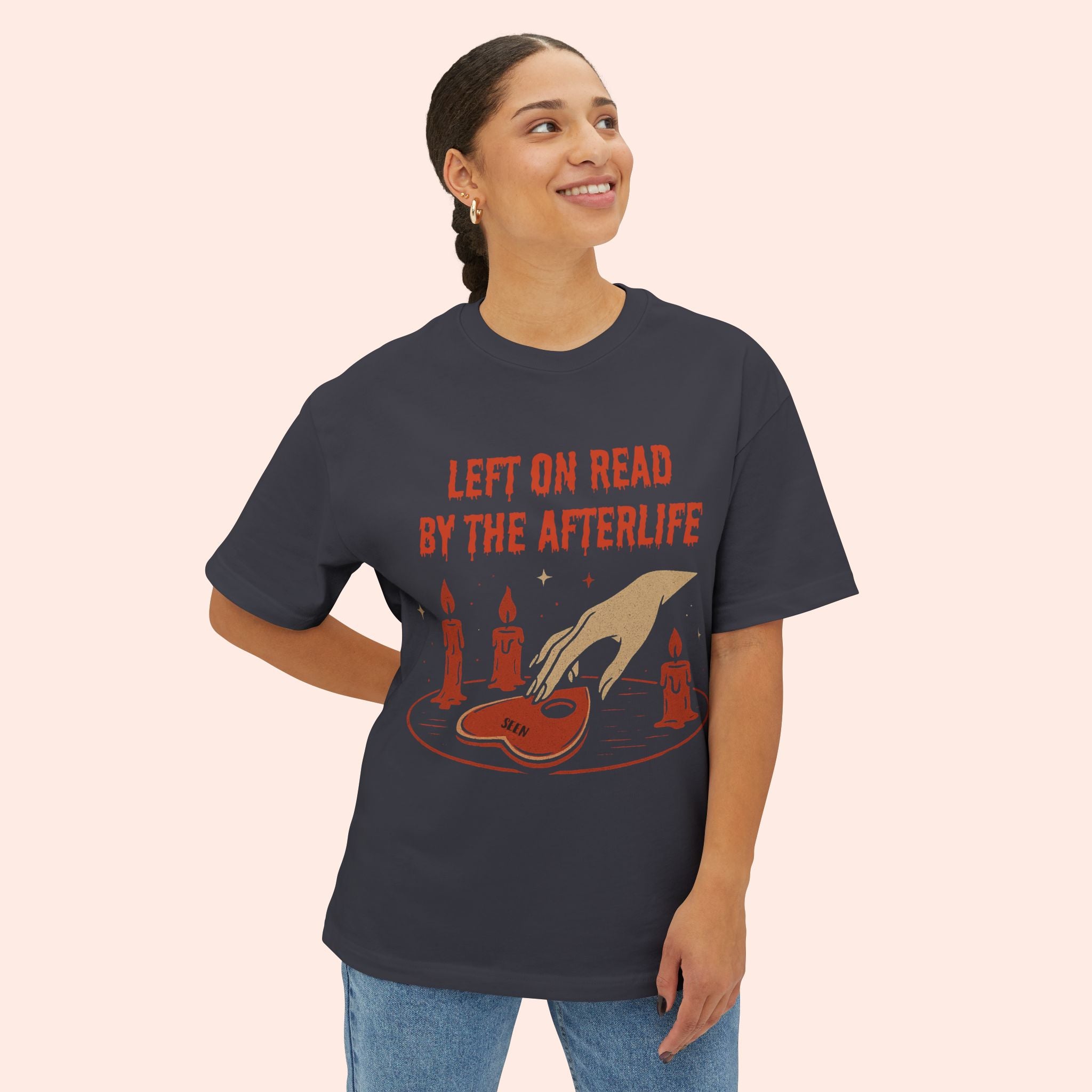 Left on Read by the Afterlife – Vintage Halloween Long Boxy T-Shirt
