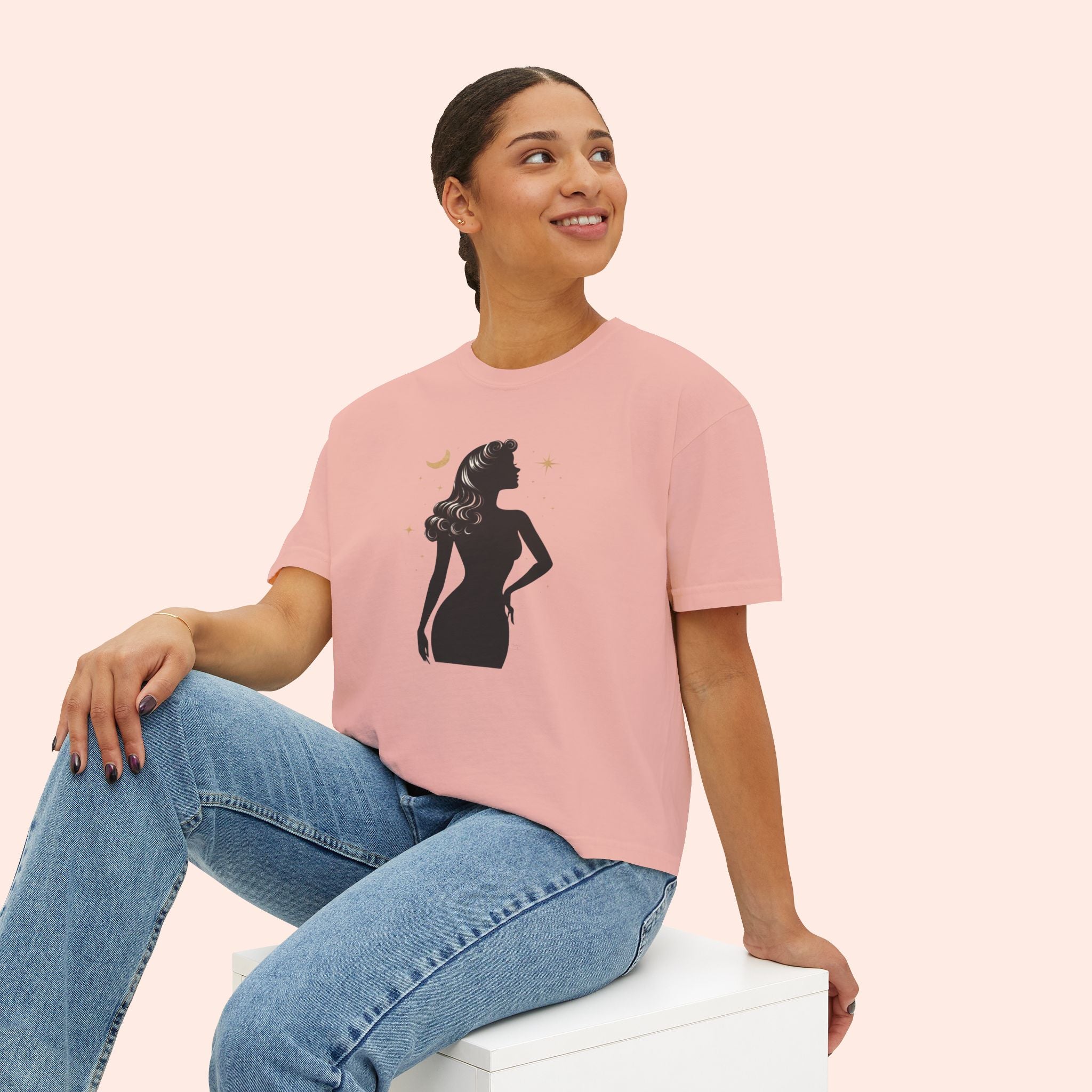 Divine Feminine Silhouette – Retro Celestial Graphic Boxy T-Shirt