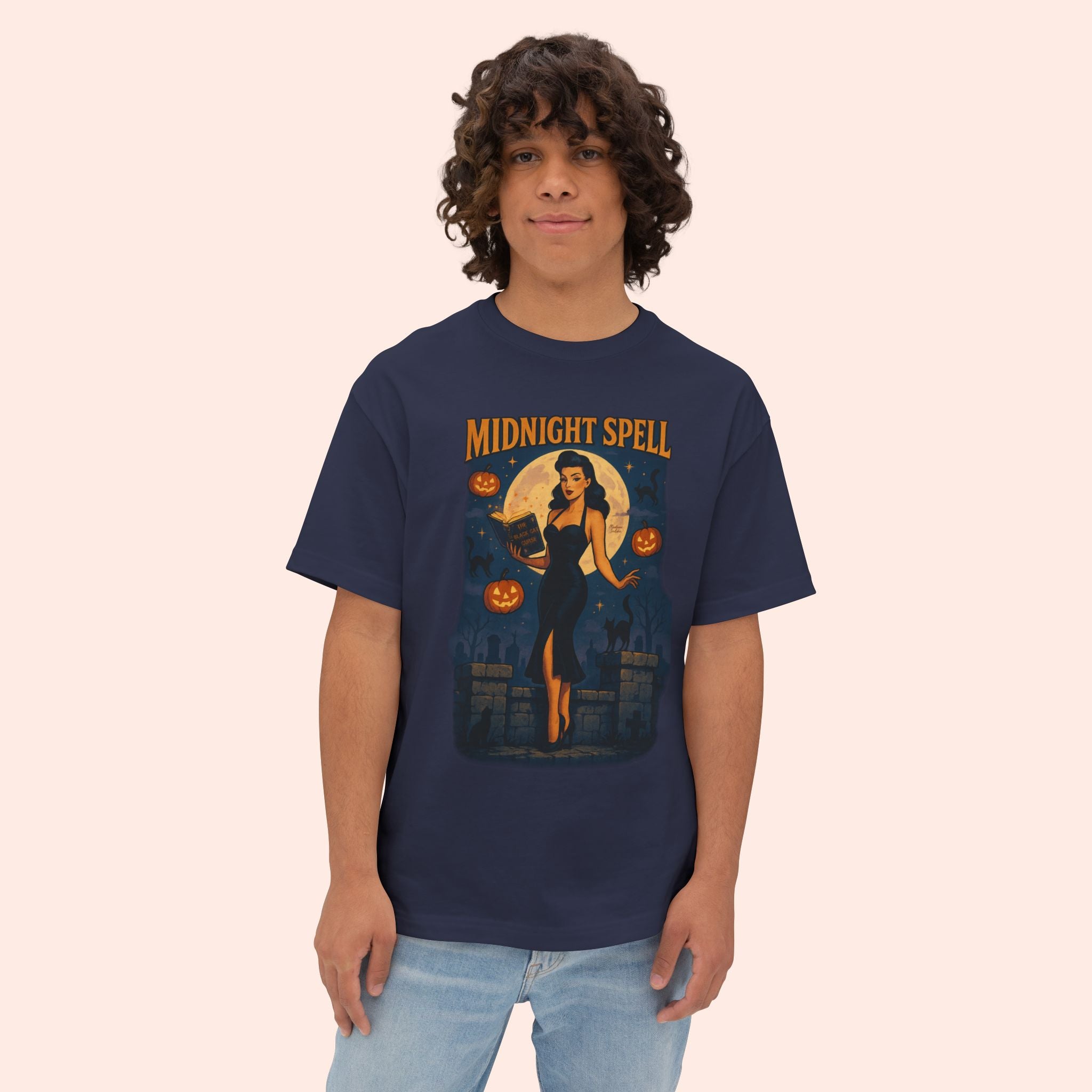 Midnight Spell – Retro Pin-Up Witch Halloween Long Boxy T-Shirt