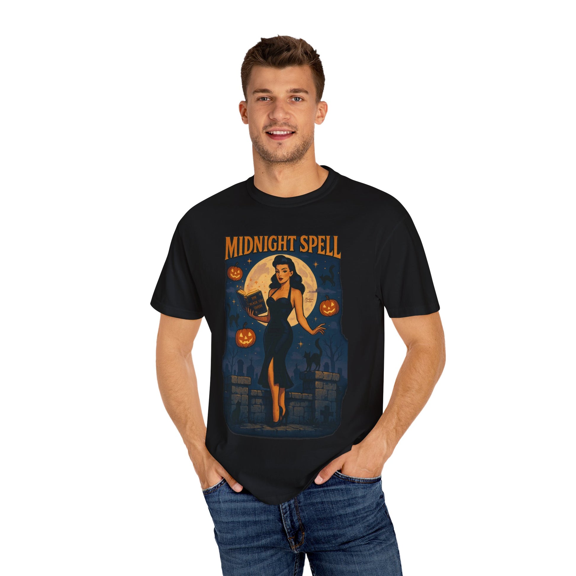 Midnight Spell Halloween Unisex T-Shirt – Retro Witch Graphic Tee, Vintage Spooky Horror Top, Scary Season Shirt - Madame Soulière