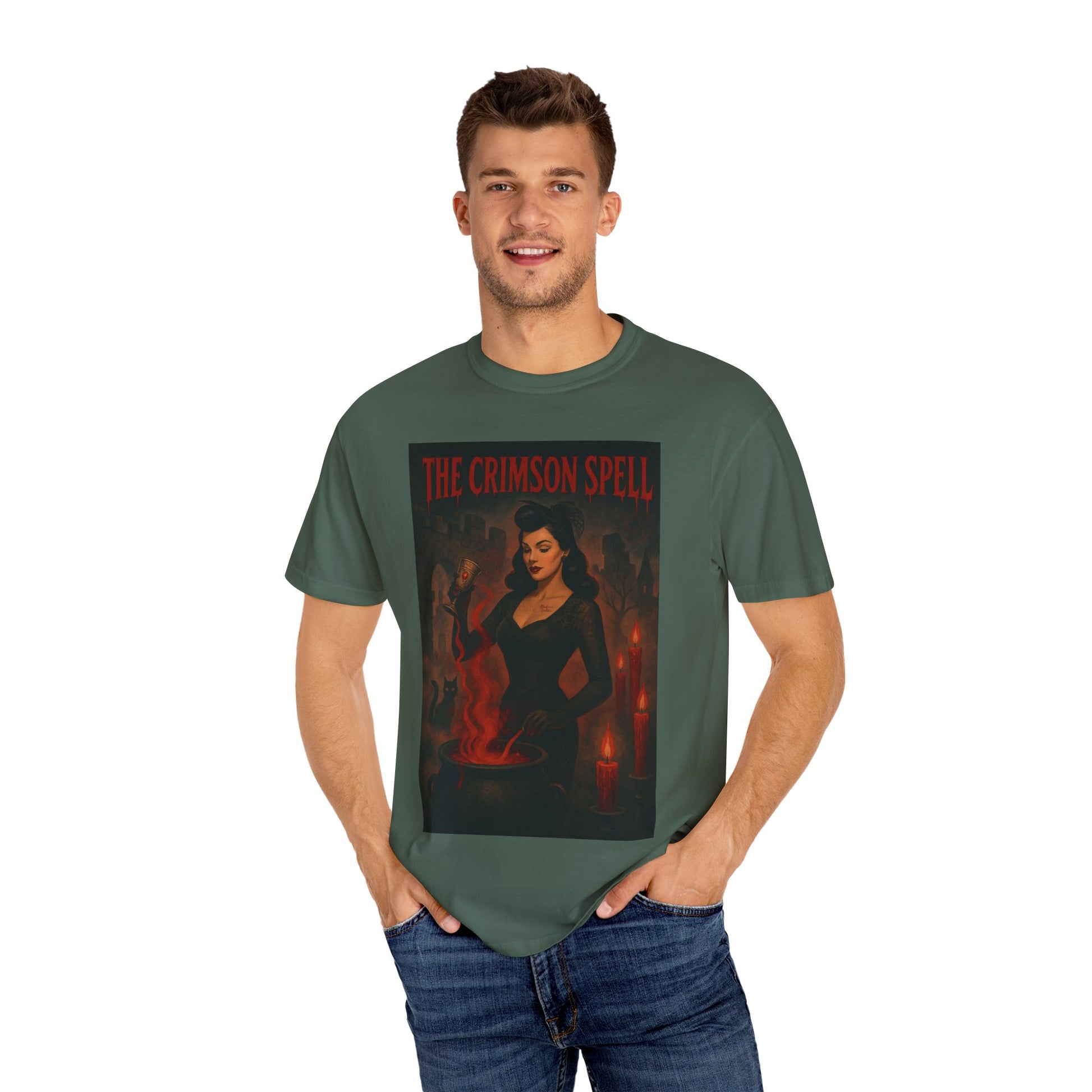 The Crimson Spell Halloween Unisex T-Shirt – Retro Witch Graphic Tee, Vintage Horror Spooky Top,  Scary Season Shirt - Madame Soulière