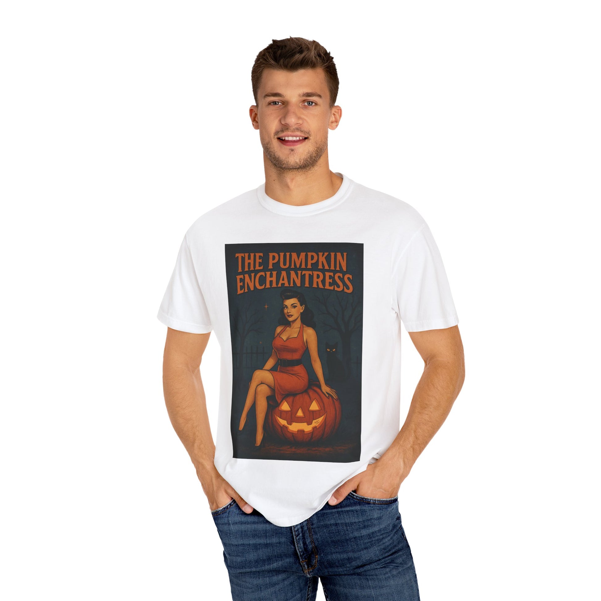 The Pumpkin Enchantress Halloween Unisex T-Shirt – Retro Witch Graphic Tee, Vintage Pumpkin Horror Top, Spooky Unisex Scary Season Shirt - Madame Soulière