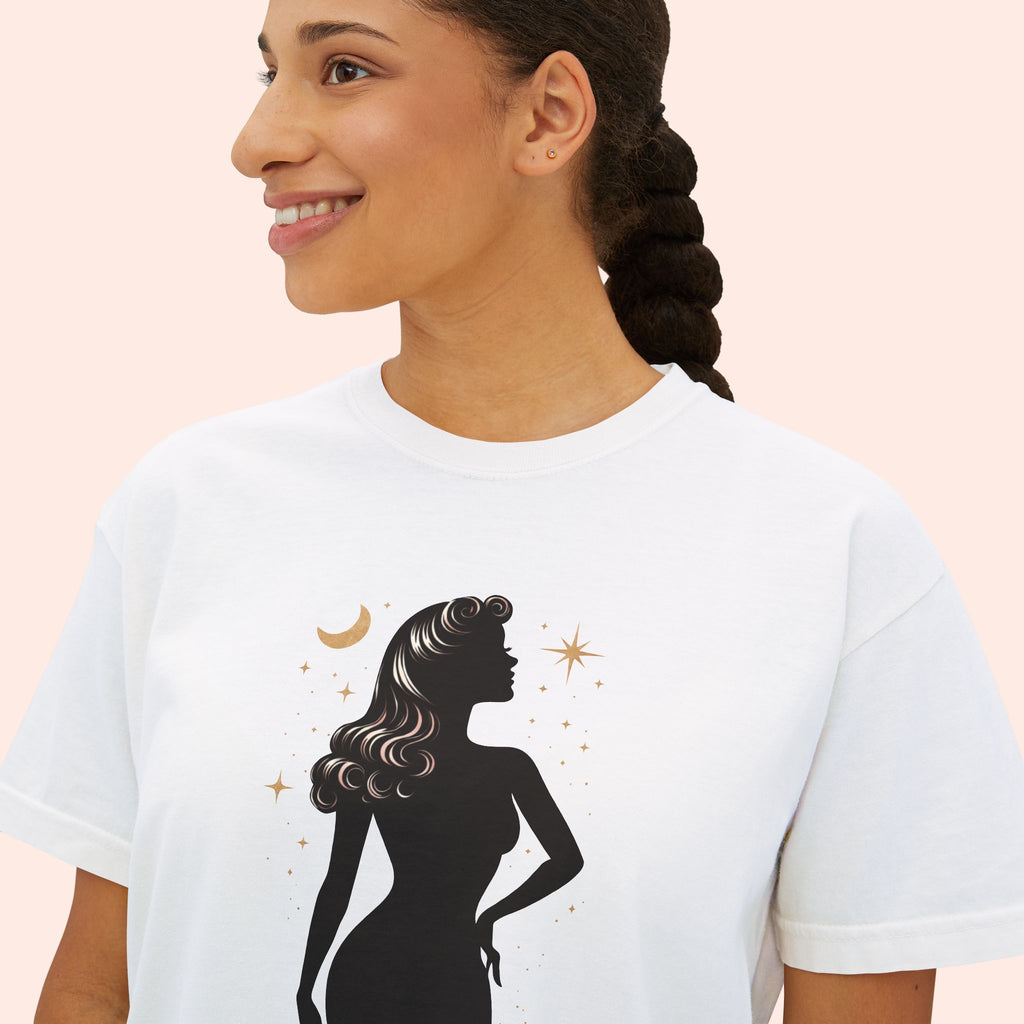 Divine Feminine Silhouette – Retro Celestial Graphic Boxy T-Shirt