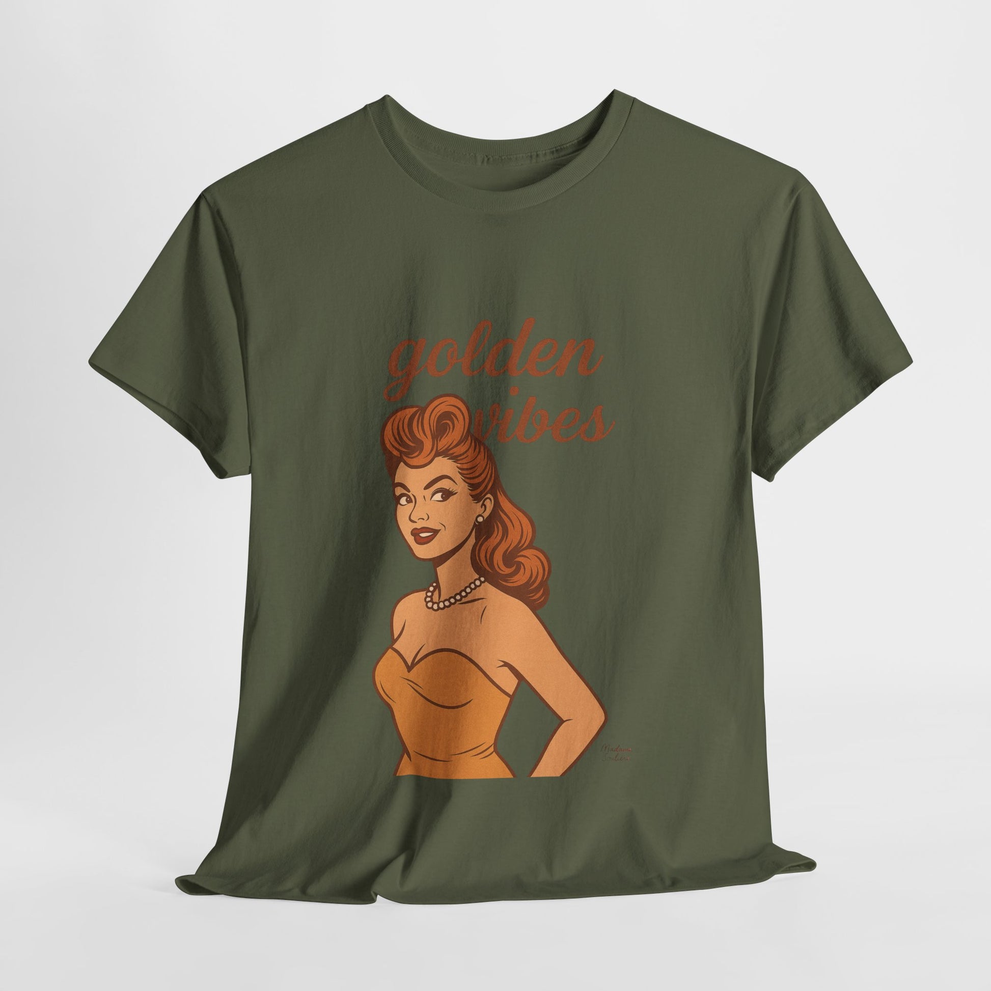 Golden Vibes – Retro Pin-Up Graphic Tee | Unisex Vintage Aesthetic T-Shirt - Madame Soulière