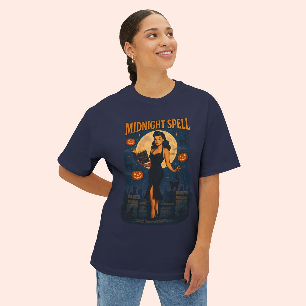 Midnight Spell – Retro Pin-Up Witch Halloween Long Boxy T-Shirt