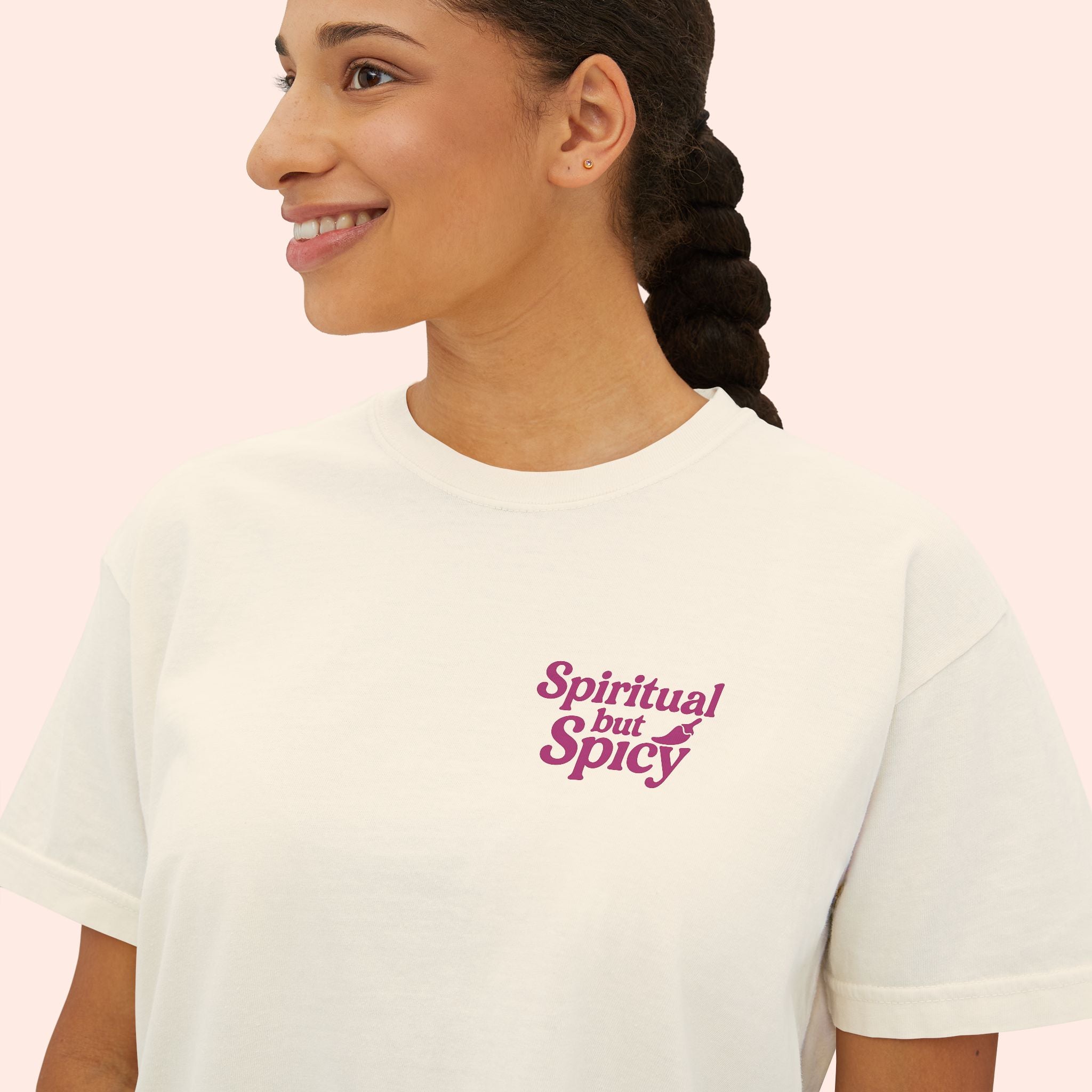 Spiritual but Spicy – Retro Mini Print Boxy T-Shirt