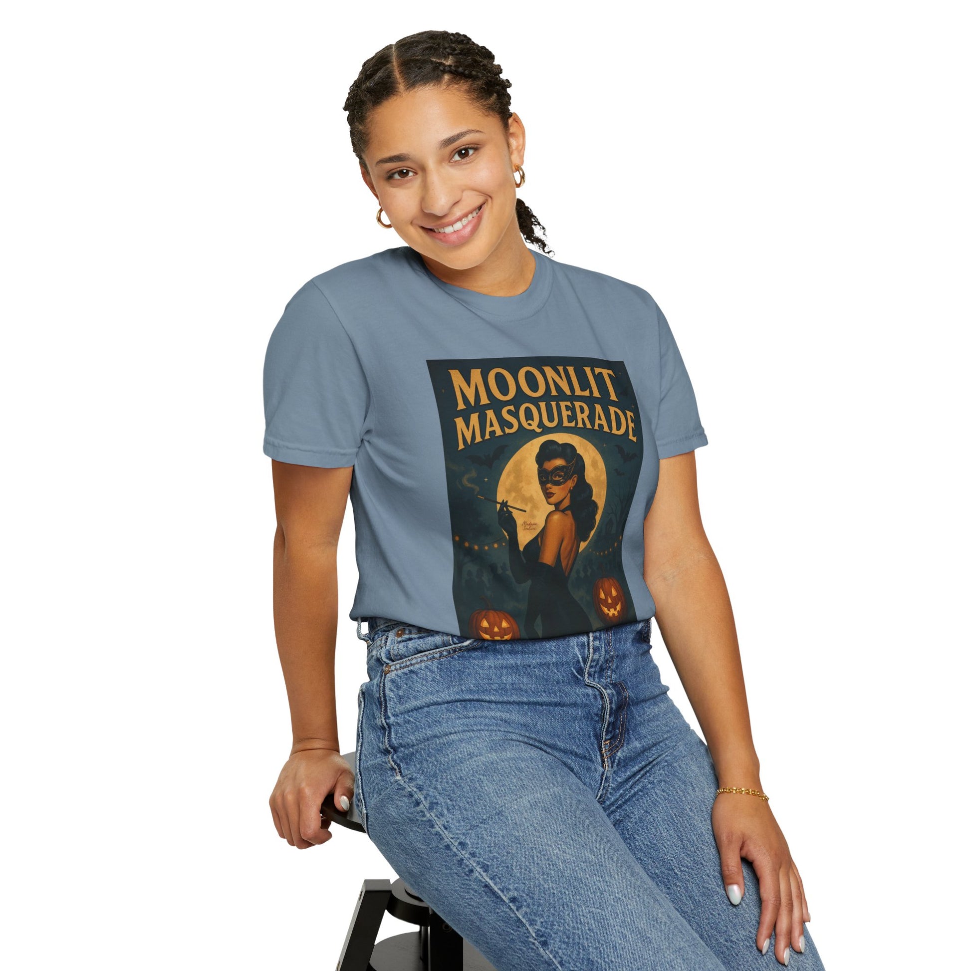 Moonlit Masquerade Halloween Unisex T-Shirt – Retro Vintage Masquerade Ball Graphic Tee, Spooky Horror Top - Madame Soulière