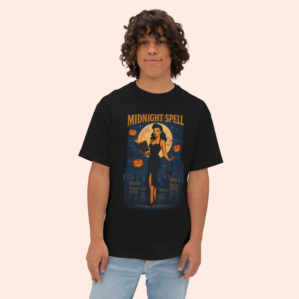Midnight Spell – Retro Pin-Up Witch Halloween Long Boxy T-Shirt