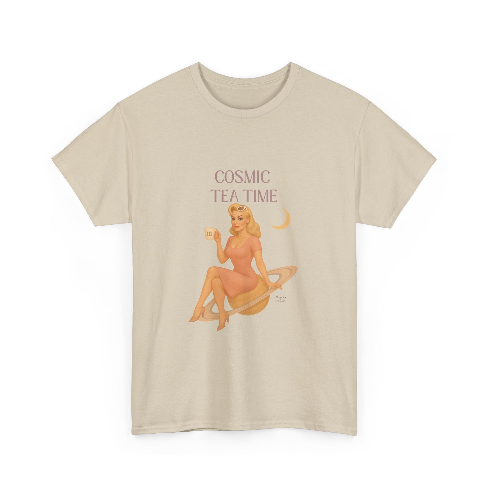 Cosmic Tea Time 111 Unisex T-Shirt – Retro Vintage Graphic Tee, Angel Number Shirt, Spiritual Pin Up Top, Unisex Cosmic Vibes Tee - Madame Soulière