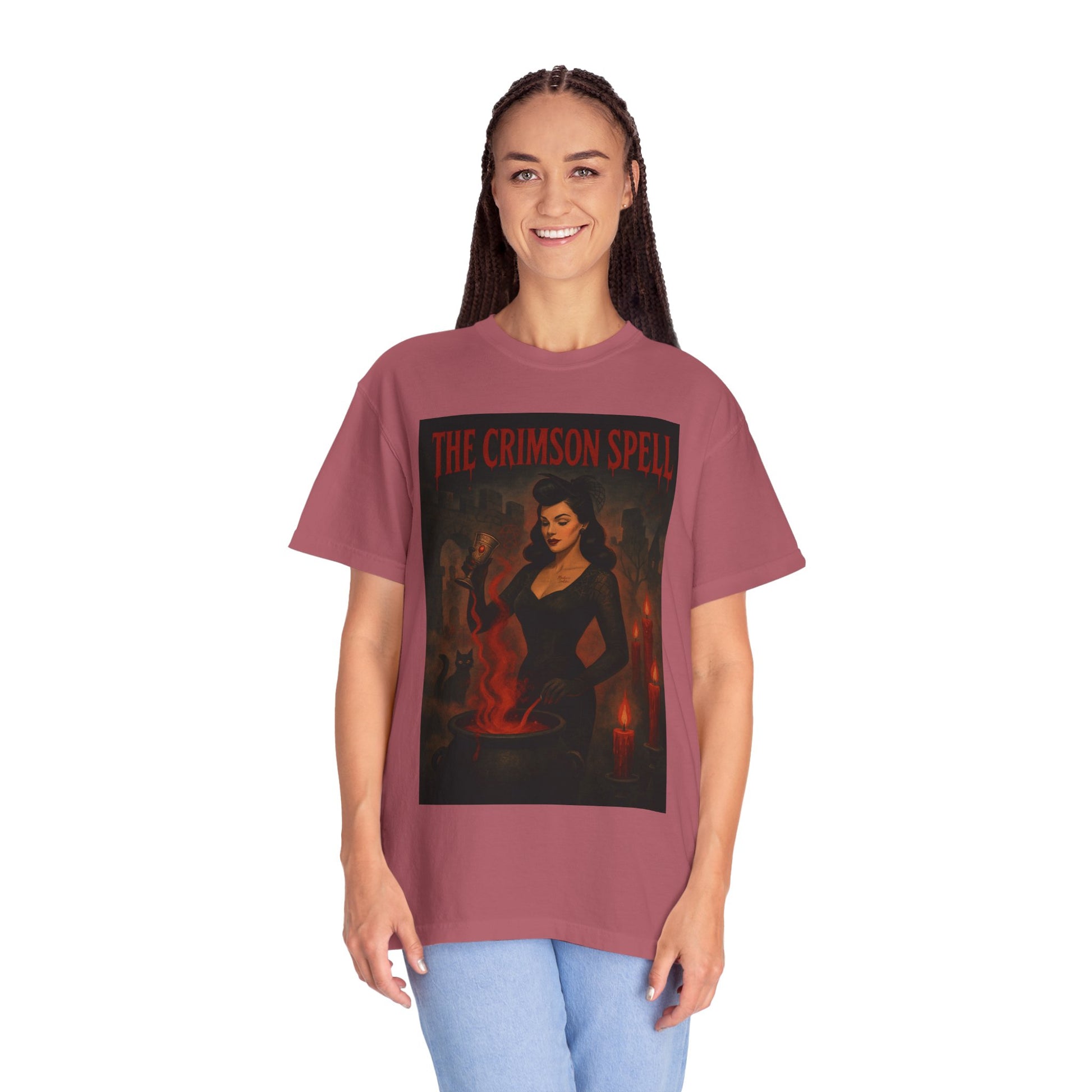 The Crimson Spell Halloween Unisex T-Shirt – Retro Witch Graphic Tee, Vintage Horror Spooky Top,  Scary Season Shirt - Madame Soulière