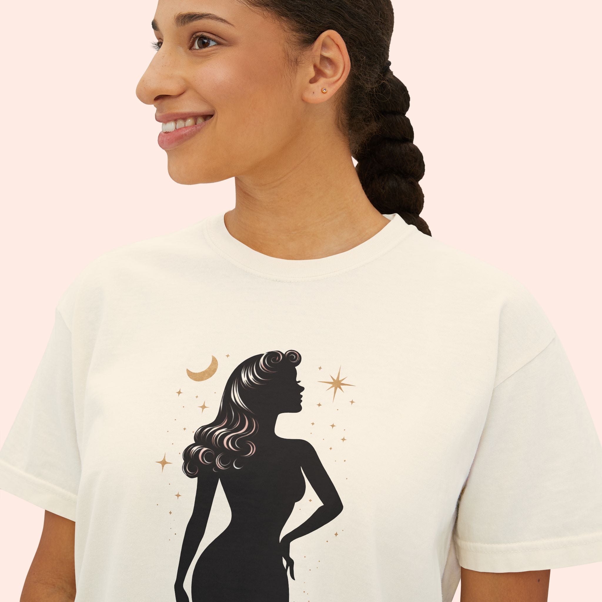 Divine Feminine Silhouette – Retro Celestial Graphic Boxy T-Shirt