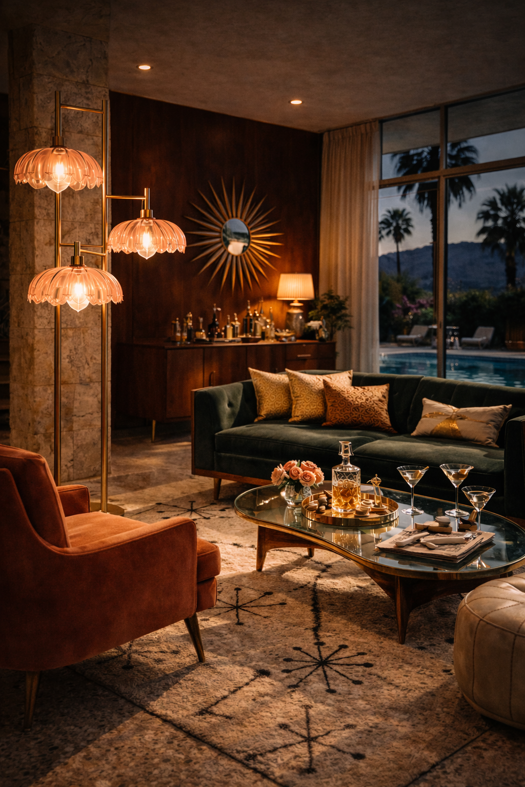 Mid-Century Floor Lamp, Brass 3-Light Design